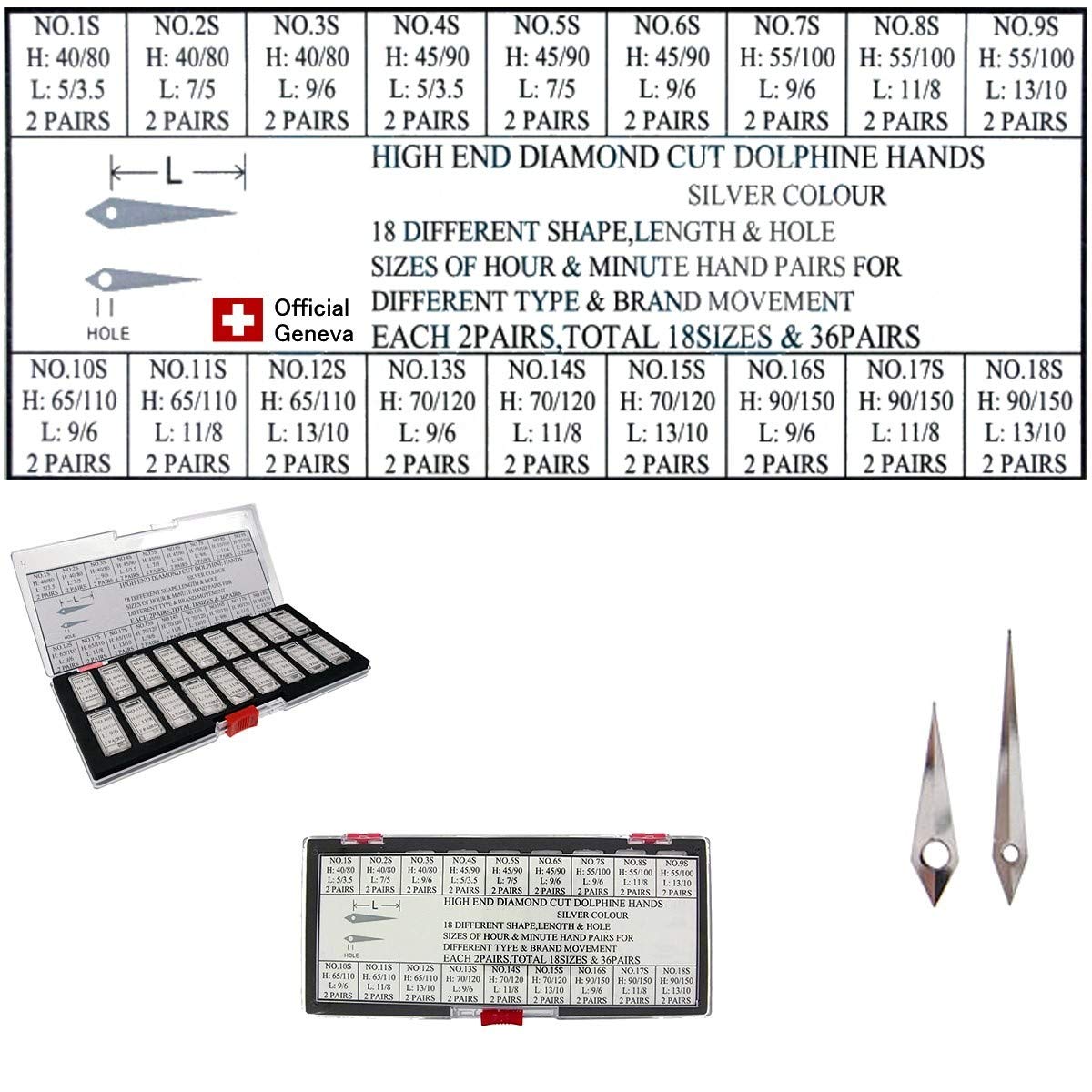 Lancette Dolphine acciaio per orologi, assortimento 36 pz