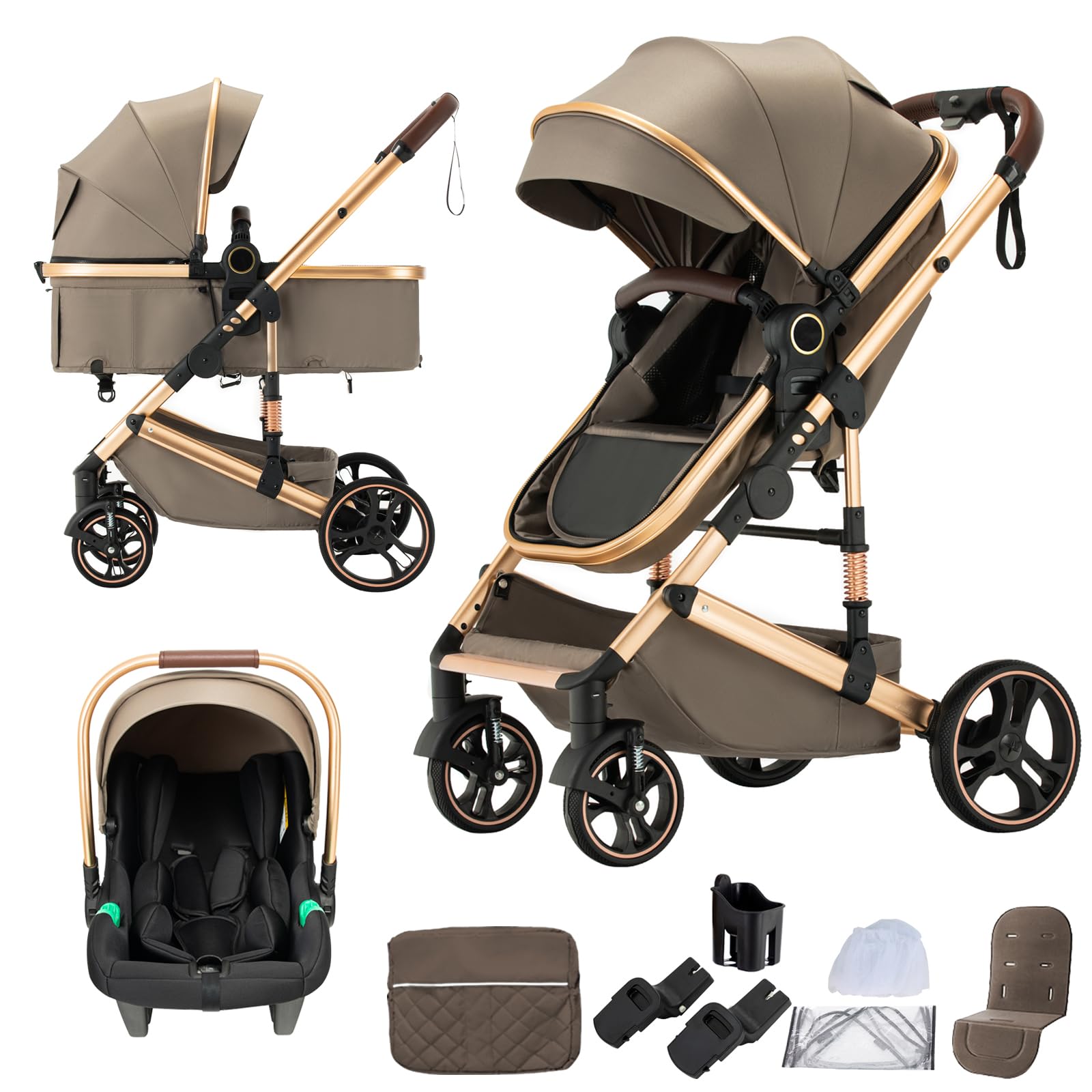 Shineey Kinderwagen 3 in 1, Alltags Buggy Faltbarer Kinderwagen Set, Kombikinderwagen 3 in 1 mit Großer Bequemer Babywanne, Laufwagen Rahmen Aluminiumlegierun (H9 BROWN, H9)