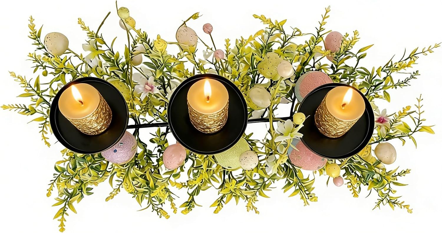 Porte-œufs festif – Plateau à bougies printanières pour salle à manger | Support en métal à 3 plateaux en fer ABS, décor de Pâques coloré avec fleurs artificielles, salon, chambre à coucher, cuisine, appartement, bureau, ferme, vacances