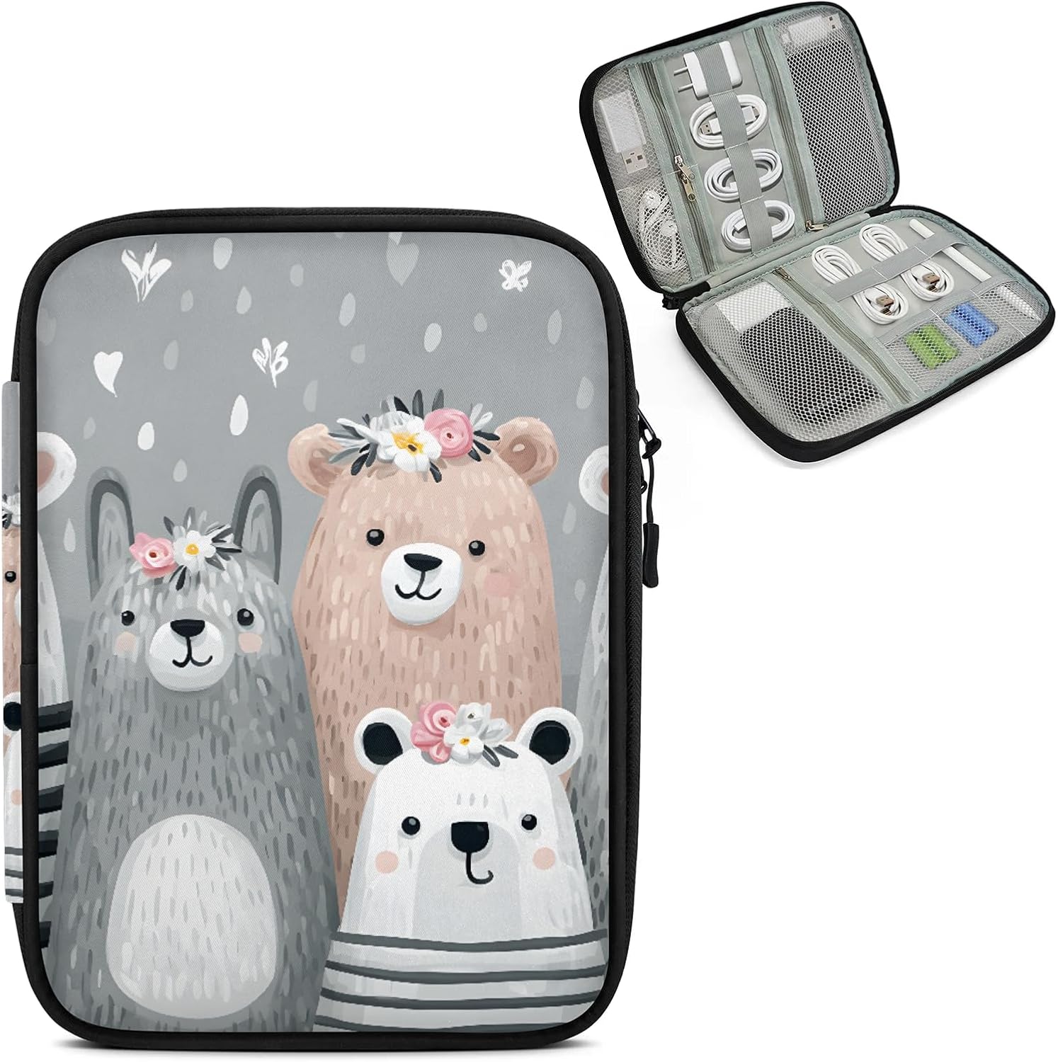 Cute Gray Bear Travel Electronic Organizer Case, Slim Cable Management Bag for Game Console & Accessories, Portable Double Zipper Pouch with Mesh Pockets & Elastic Straps
