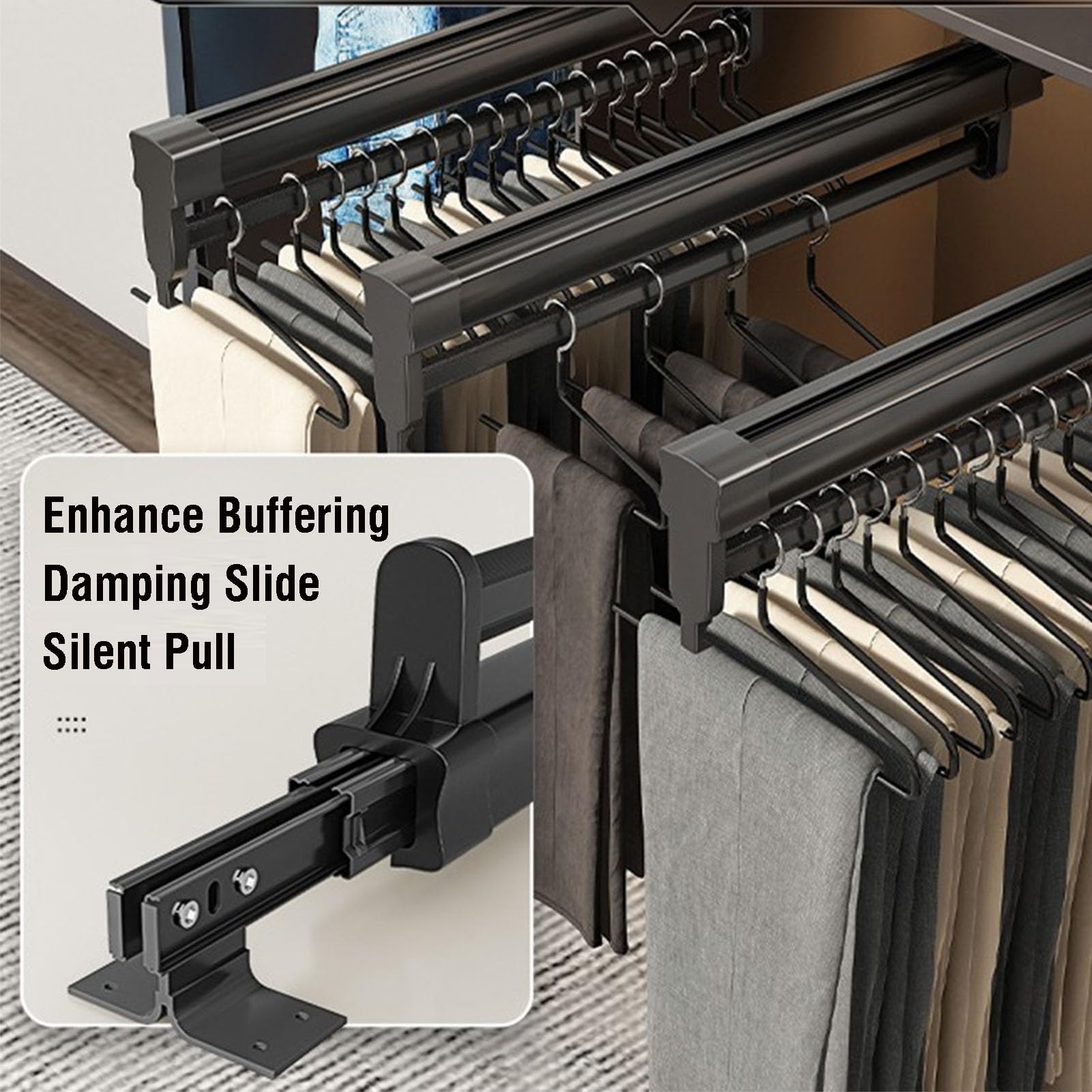 Heavy Duty Pull-Out Trousers Hanger Rail - Sliding Closet Rack For Pants, Space Saving Wardrobe Organizer