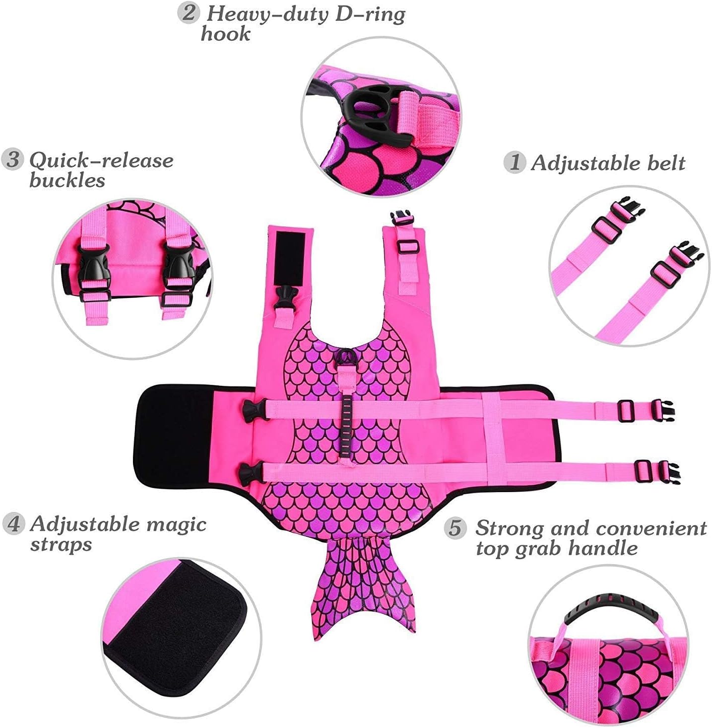 ASENKU Dog Life Jacket - Pet Safety Vest for Swimming & Boating, Shark Life Jacket with Floatation, Dog Lifesavers Swimsuits for Small Medium Large Dogs (Mermaid Pink, L)