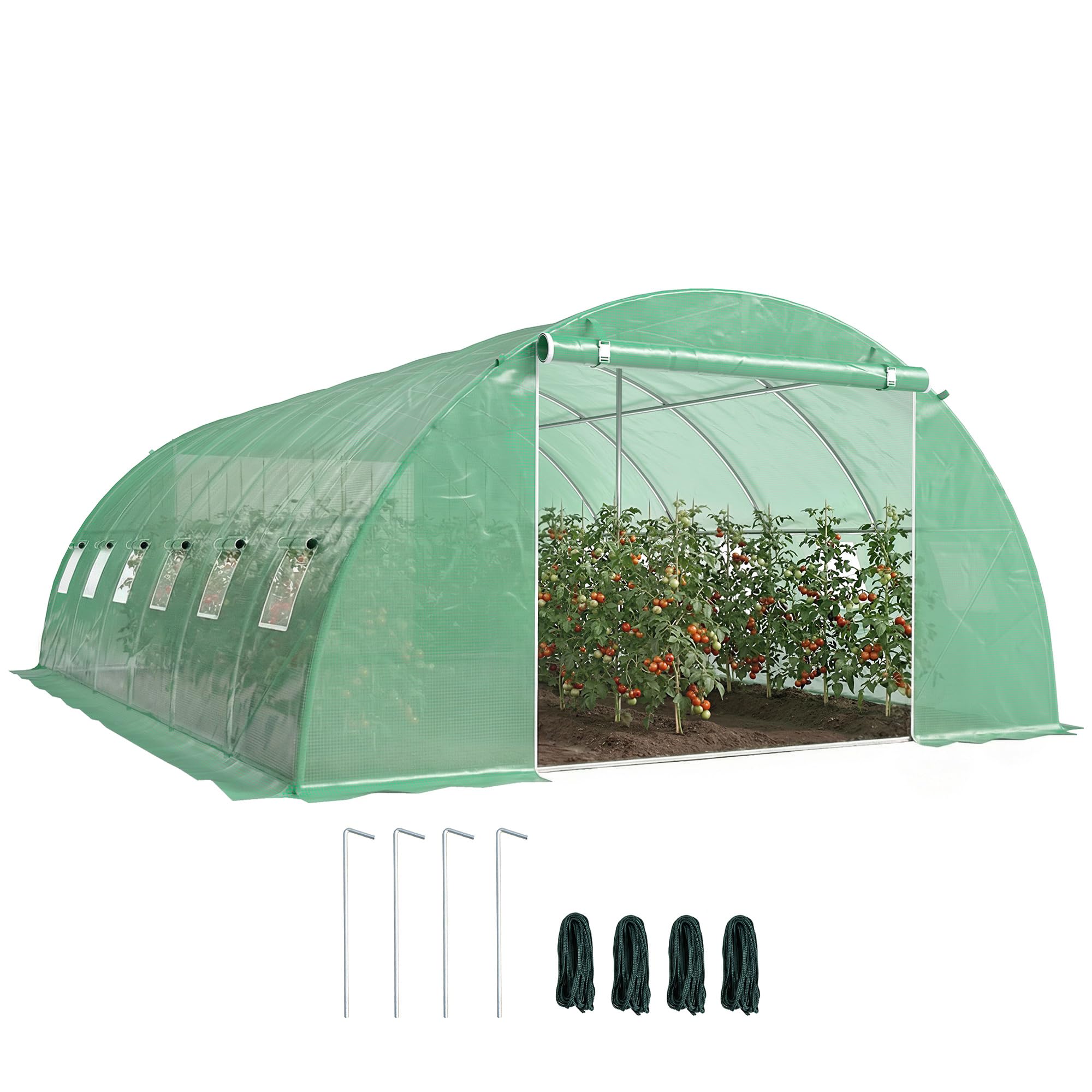 Outsunny Serre Tunnel de Jardin 24m² 395x595x199cm, Acier Galvanisé Ø25mm et Structure Renforcée - Serre Maraîchère en Bâche PE 140g/m², 12 Fenêtres & 2 Portes, Idéale Potager & Hivernage, Vert