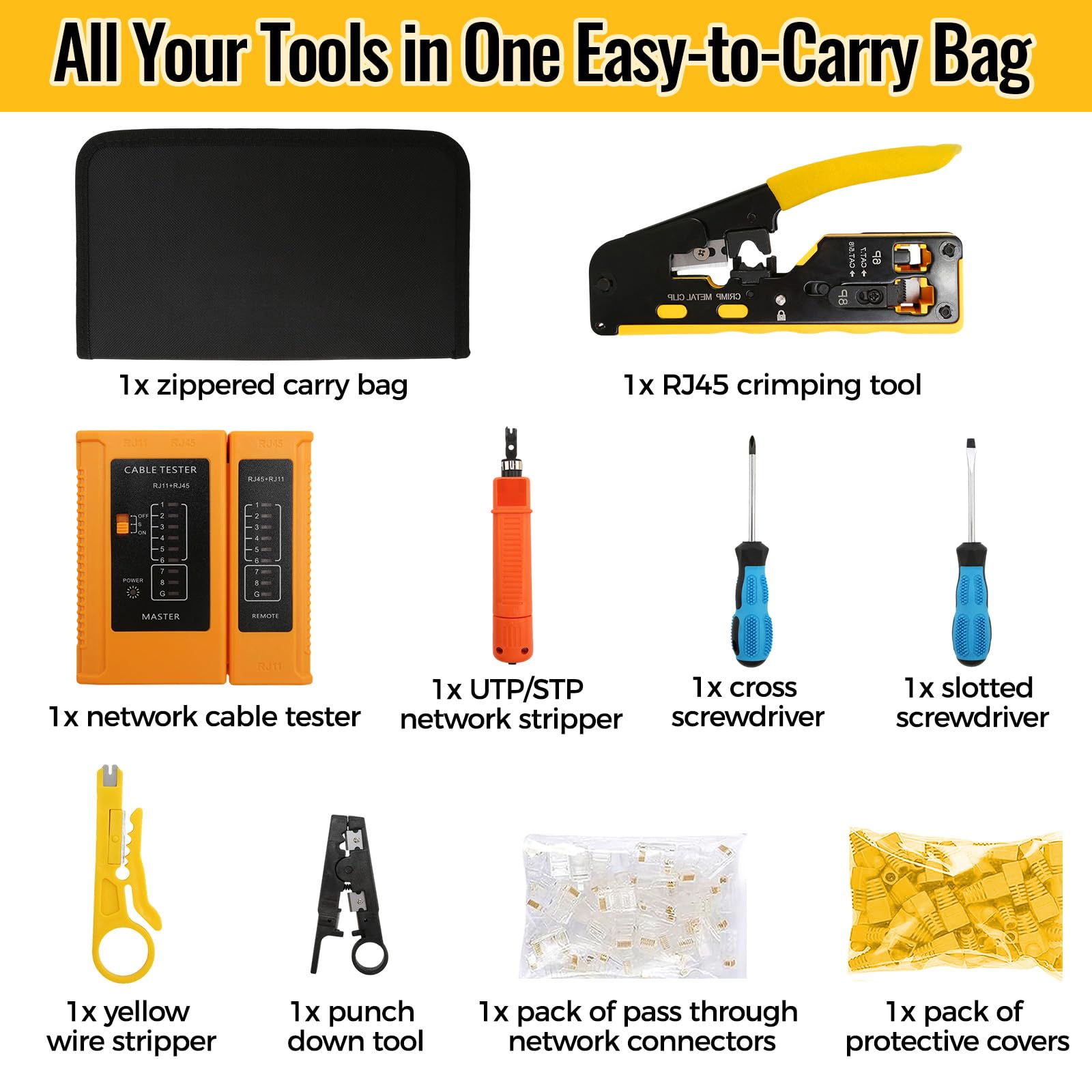 Kit di attrezzi di rete, pinza crimpatrice RJ45 con tester di rete, pinza spellafili, strumento punch down, cacciaviti, kit di riparazione di rete professionale RJ45 con custodia per il trasporto