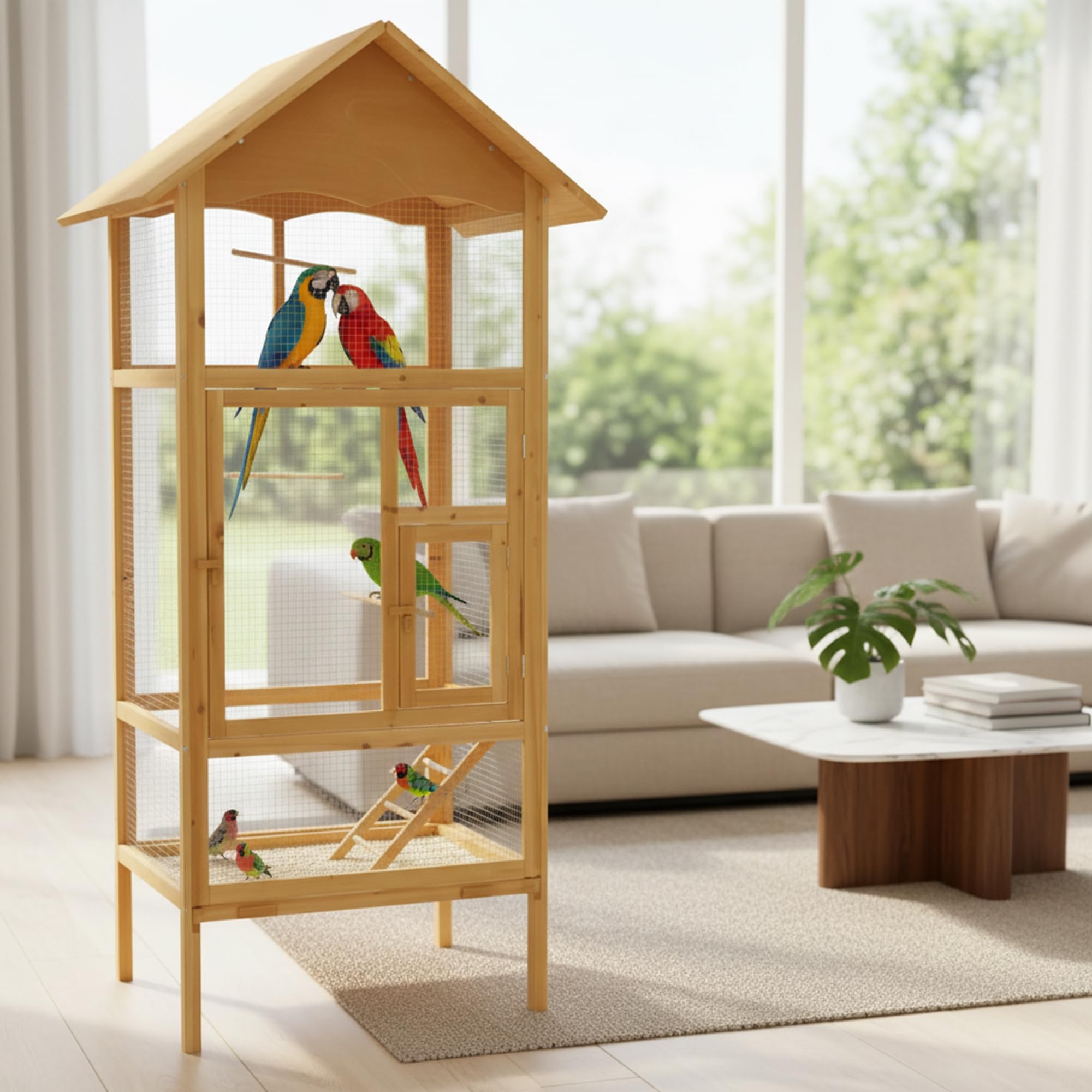 Mucola Vogelvoliere Holz großer Vogelkäfig mit 2 Türen Vogelhaus mit Sitzstangen, Leiter und Kotschublade Außenvoliere 74 x 74 x 194 cm Zuchtkäfig Vogelhaus