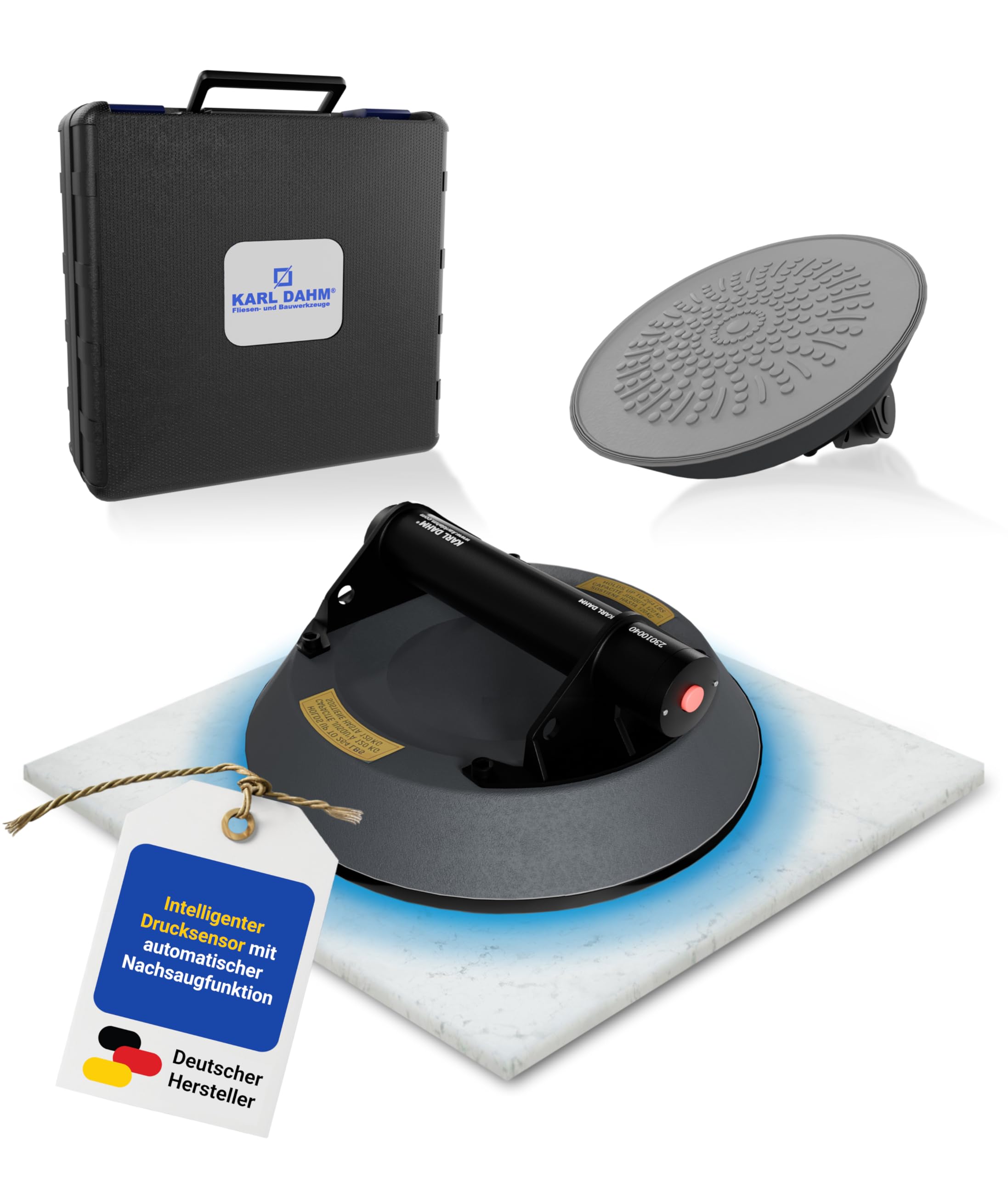 Karl Dahm® Akku-Vakuum-Saugheber E-Grip Plus - Automatische Nachsaugfunktion | Vielseitig auf Fliesen, Glas, Beton | 120 kg Tragkraft | Inkl. Koffer – 40907