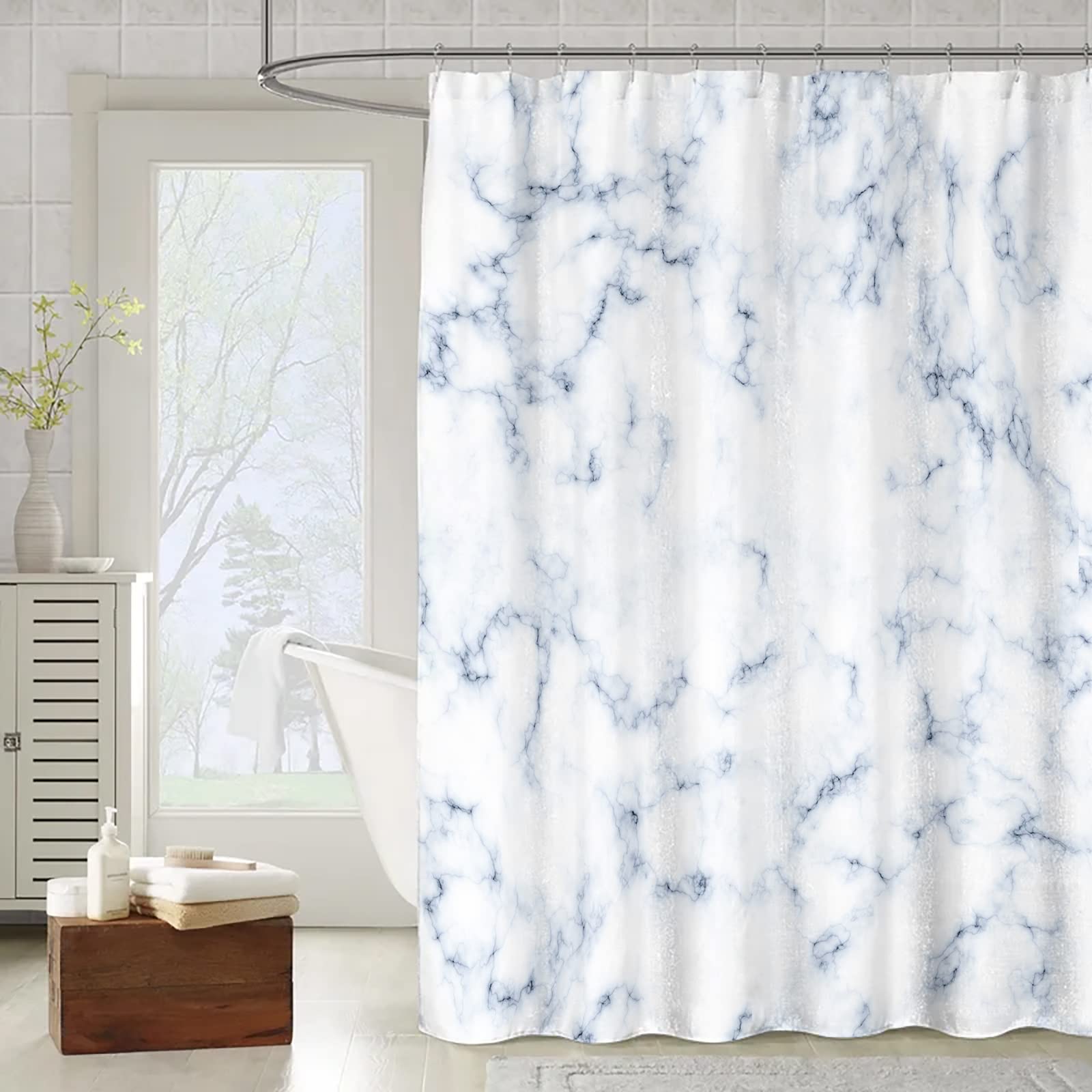 OCEUMACO 3D Cortina Ducha Antimoho Marmol Moderna Cortinas de Baño Larga Lavable a Máquina 180x180 Tela Impermeable Opaca Estampada Original Cortina de Ducha Poliester con Anillas - Azul Blanca