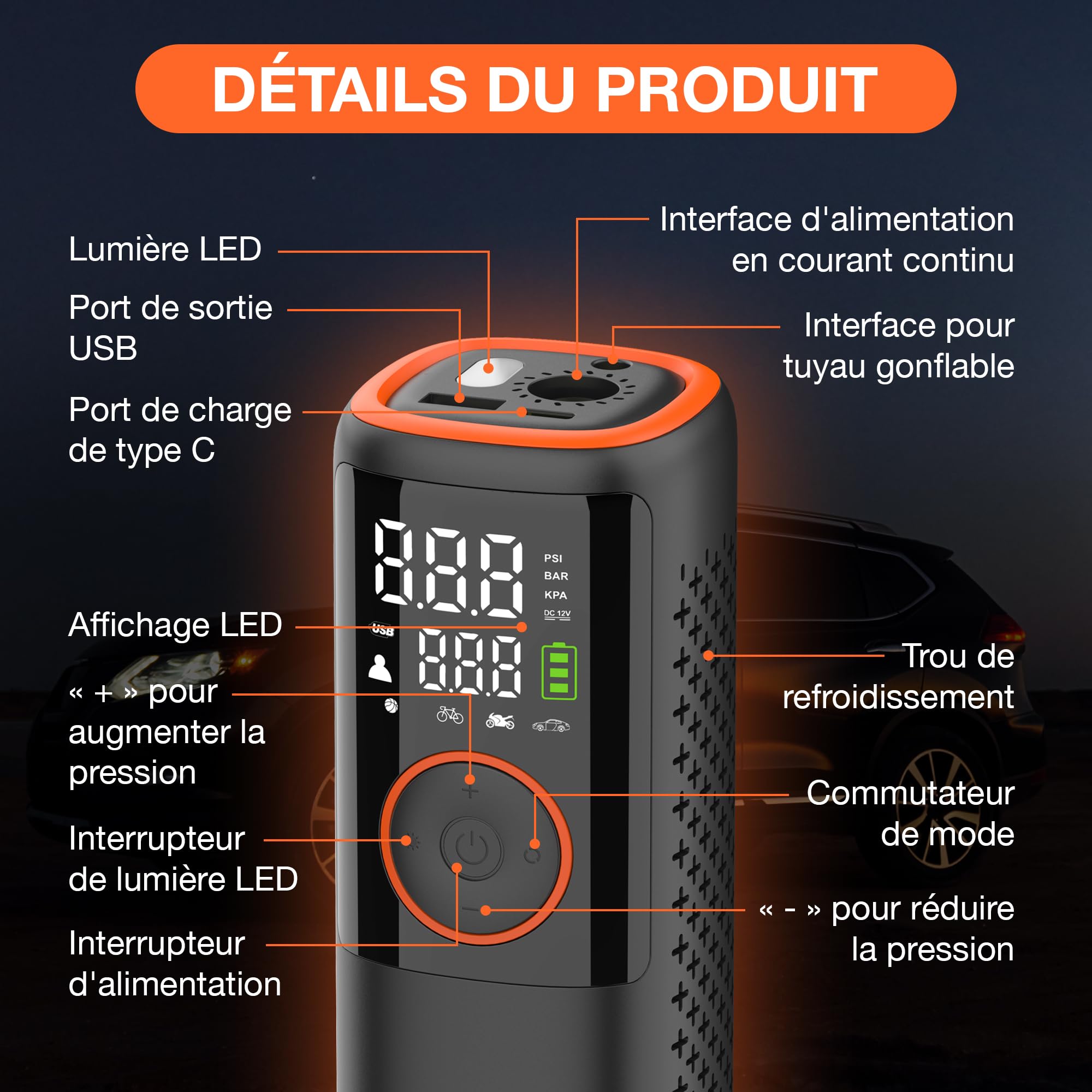 Compresseur d'air Portable 150 PSI gonfleur de pneus de Voiture gonfleur électrique sans Fil pour Voiture vélo Matelas et Balle Mini compresseur avec écran LED Rechargeable par USB