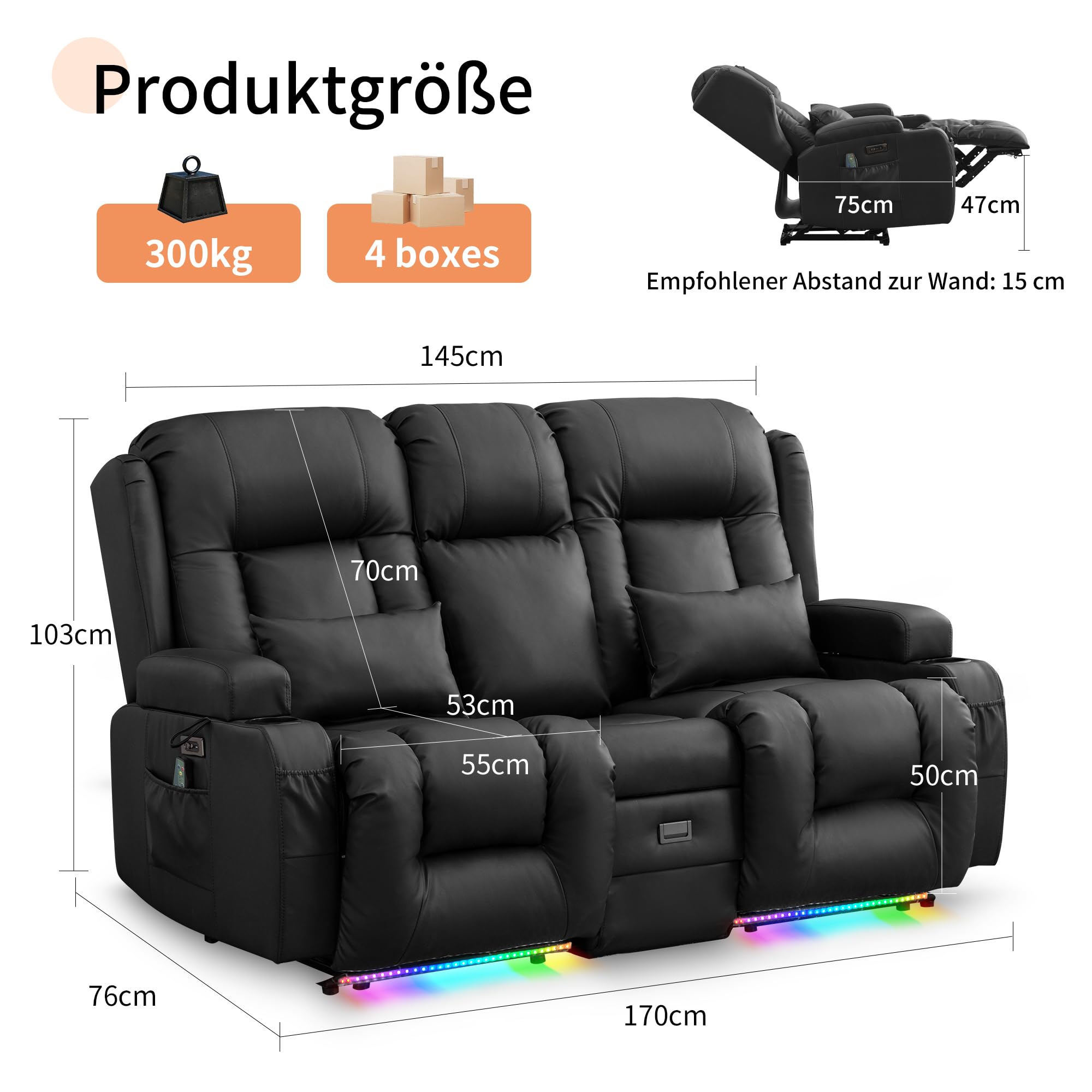 Elektrisch Relaxsessel mit Liegefunktion, Zweisitzer Fernsehsessel mit Konsole TV Sessel Heimkino mit Heizung & Vibrierende Massage/USB & Type C/Getränkehalter/Kunstleder (Schwarz)