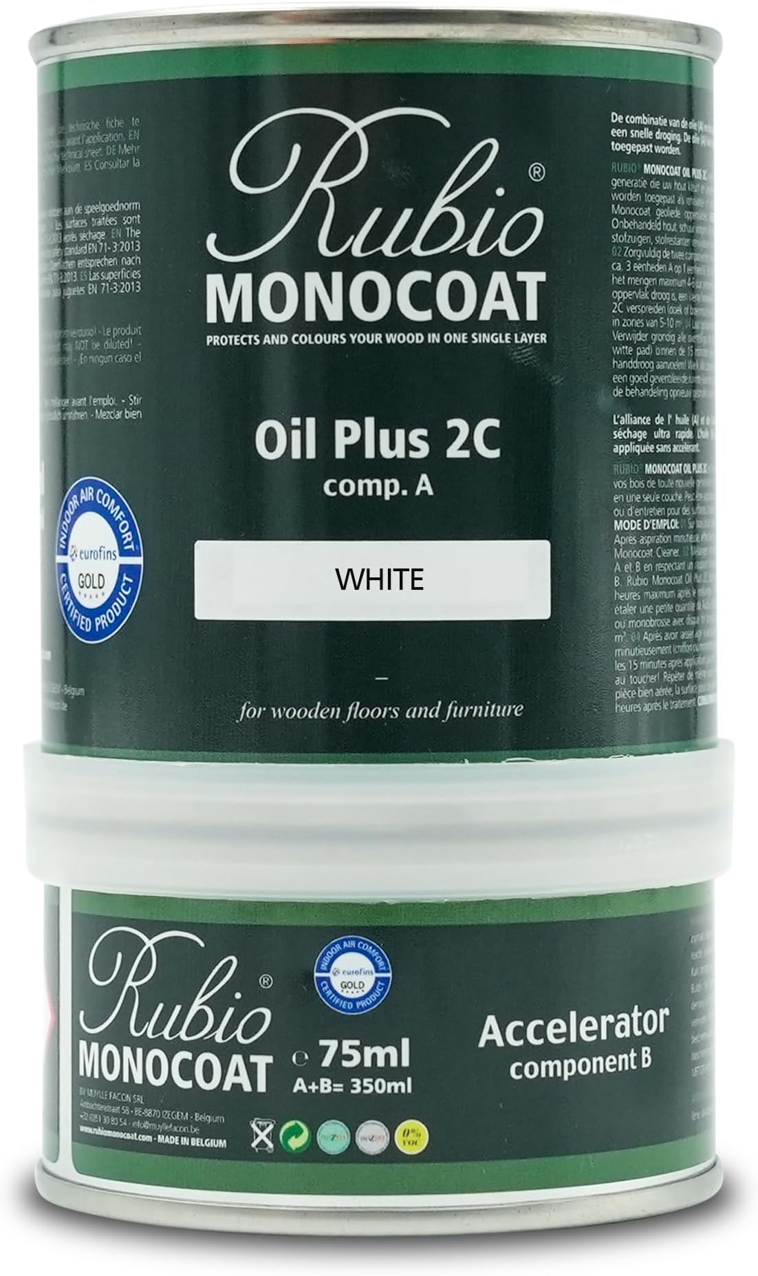 Rubio Monocoat Wood Stain & Finish 175 ft² - White | Oil Plus 2C | Quick-Dry, Eco-Friendly Linseed Wood Oil for Indoor Use, Includes Accelerator (Part B) | Protector | 350 ml