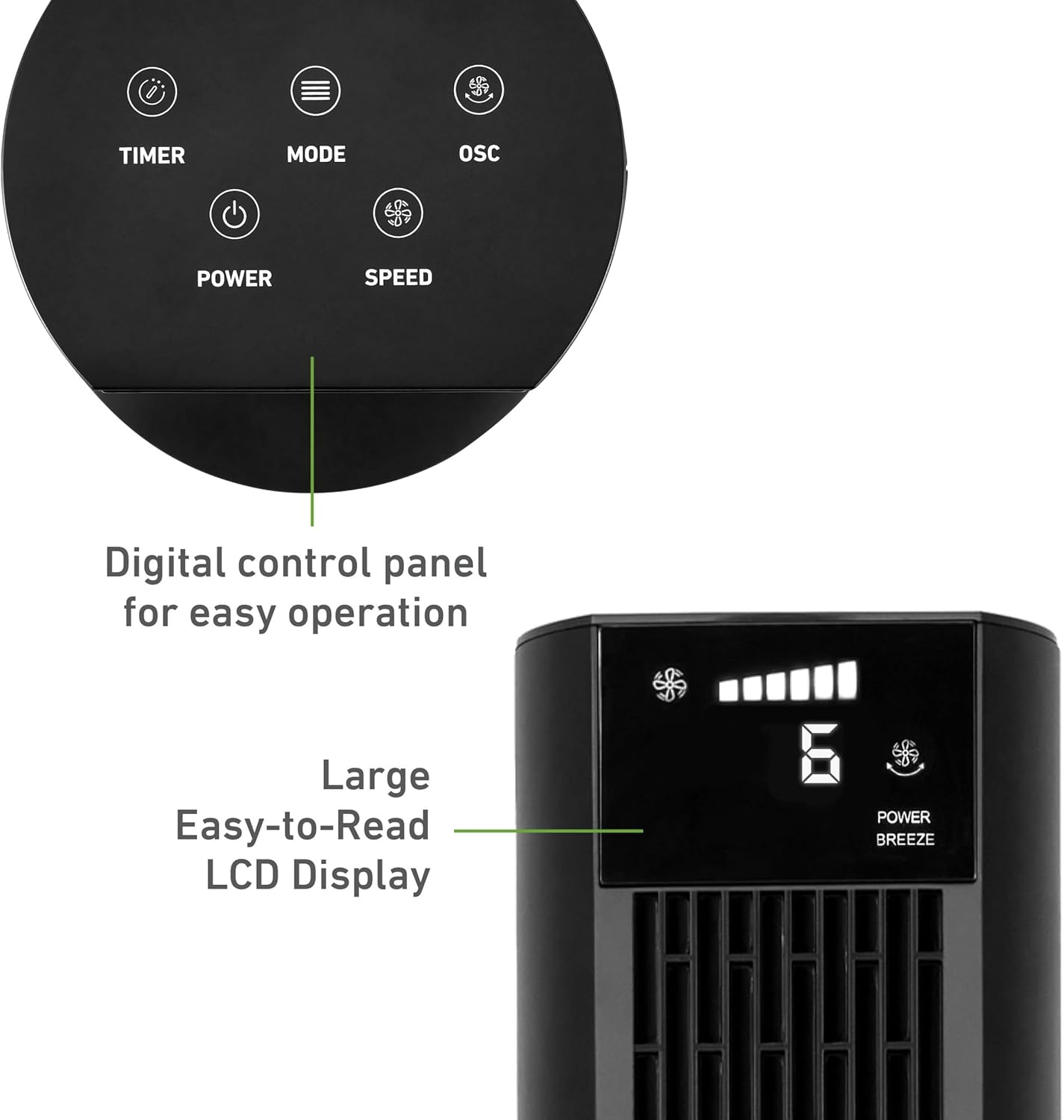 Close-up of the digital control panel and LCD display on the fan