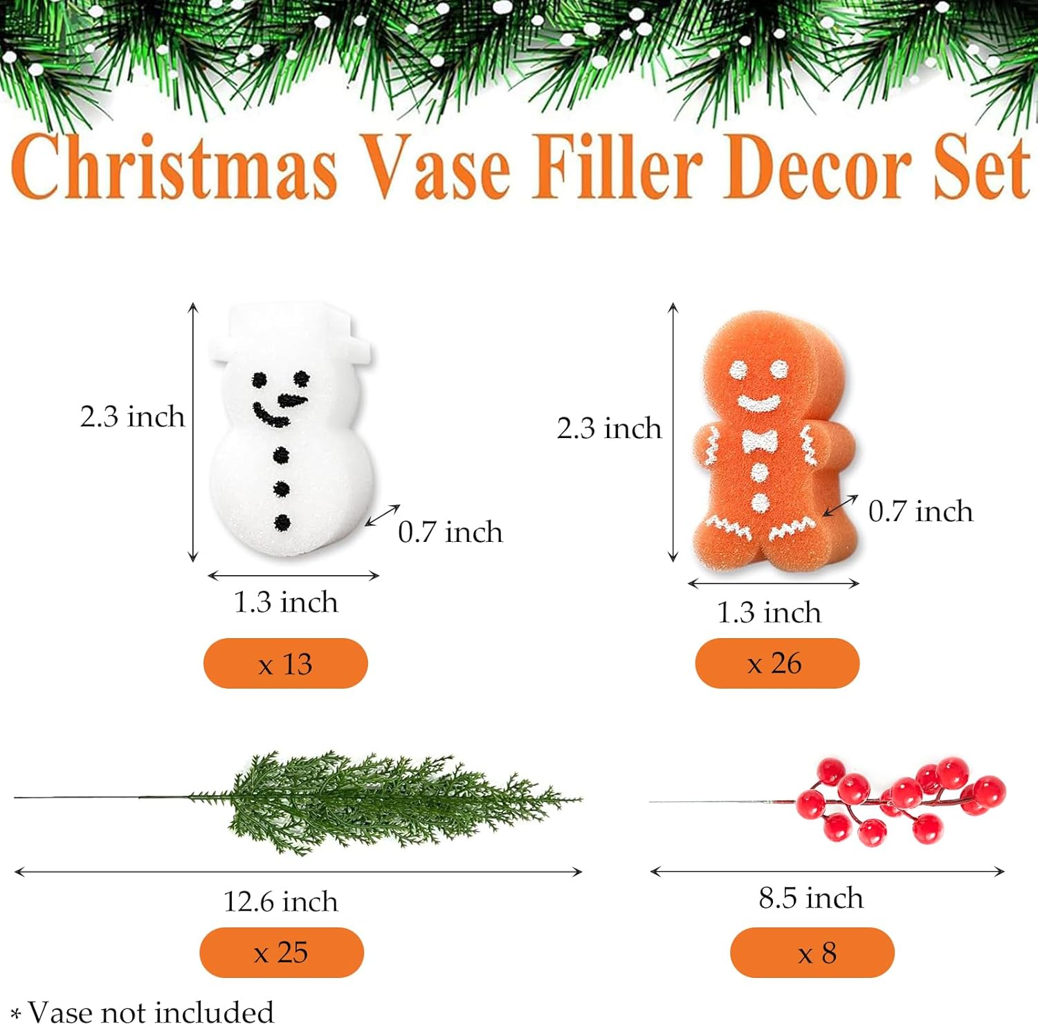72Pcs Christmas Artificial Pine Branches Red Berry Stems with Gingerbread Man Snowman Vase Filler Set, Christmas Vase Fillers Party Decoration Centerpieces for Tables