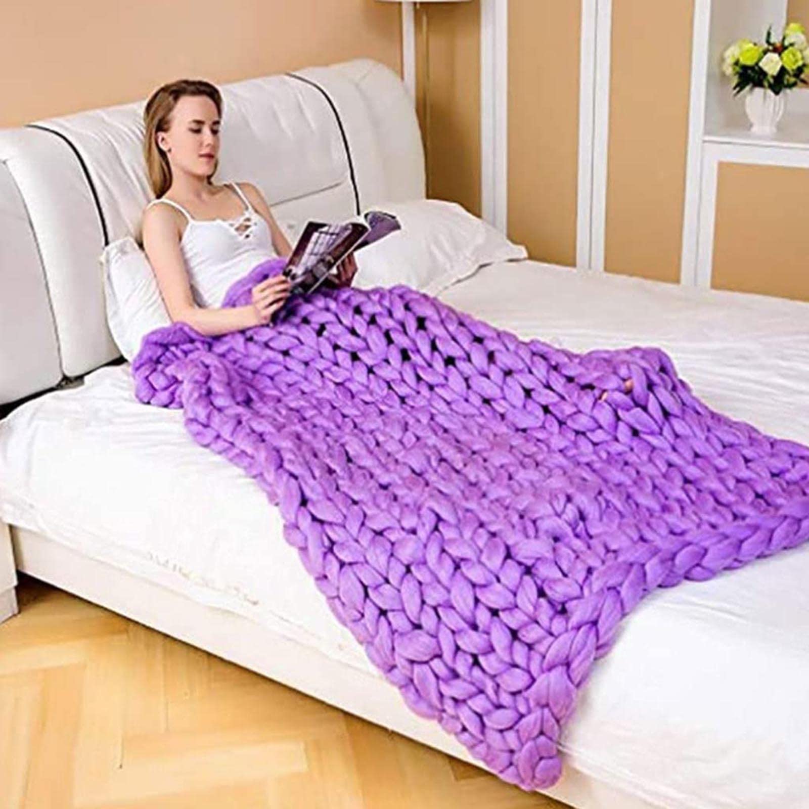 Tiro de Cama Manta de Punto Grueso Decoración del Hogar Manta Tejida en Lana Súper Grande Hecho A Mano Alfombra de La Estera de La Yoga del Sofá de La Cama,Púrpura,130x170cm/51.1x66.9in