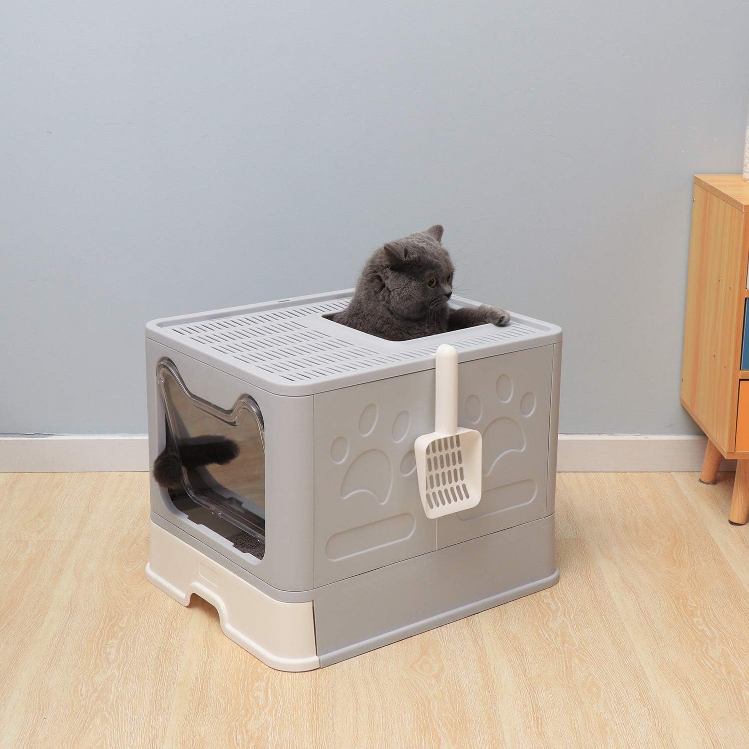 Foldable Cat Litter Box, Covered Cat Toilet ,Front Entry and Top Exit Type Anti-Splashing Cat Potty, Easy to Clean Including Cat Litter Scoop (Grey)
