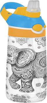 Paisley Elephant Floral White Clear Kids Water Bottle for Boys Girls 16oz BPA Free Tritan Toddler Cup with Silicone Straw & -Up Spout Cover for Travel Daycare Camp School Sport