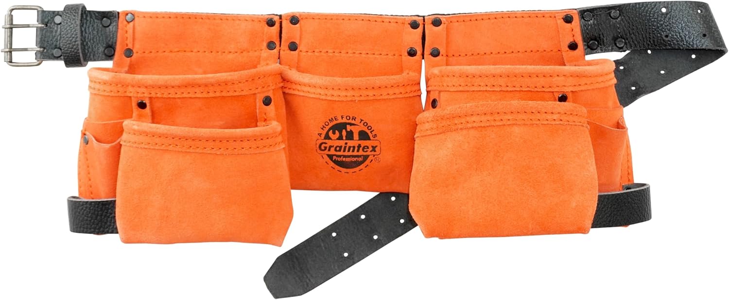 Graintex DS2243 :: 9 Pocket Children Tool Belt Beige Color Suede Leather, Kids Real Tool Belt, Boys and Girls Tool Apron for Home Improvement, 1.1/2" Leather Belt, Hammer Loops