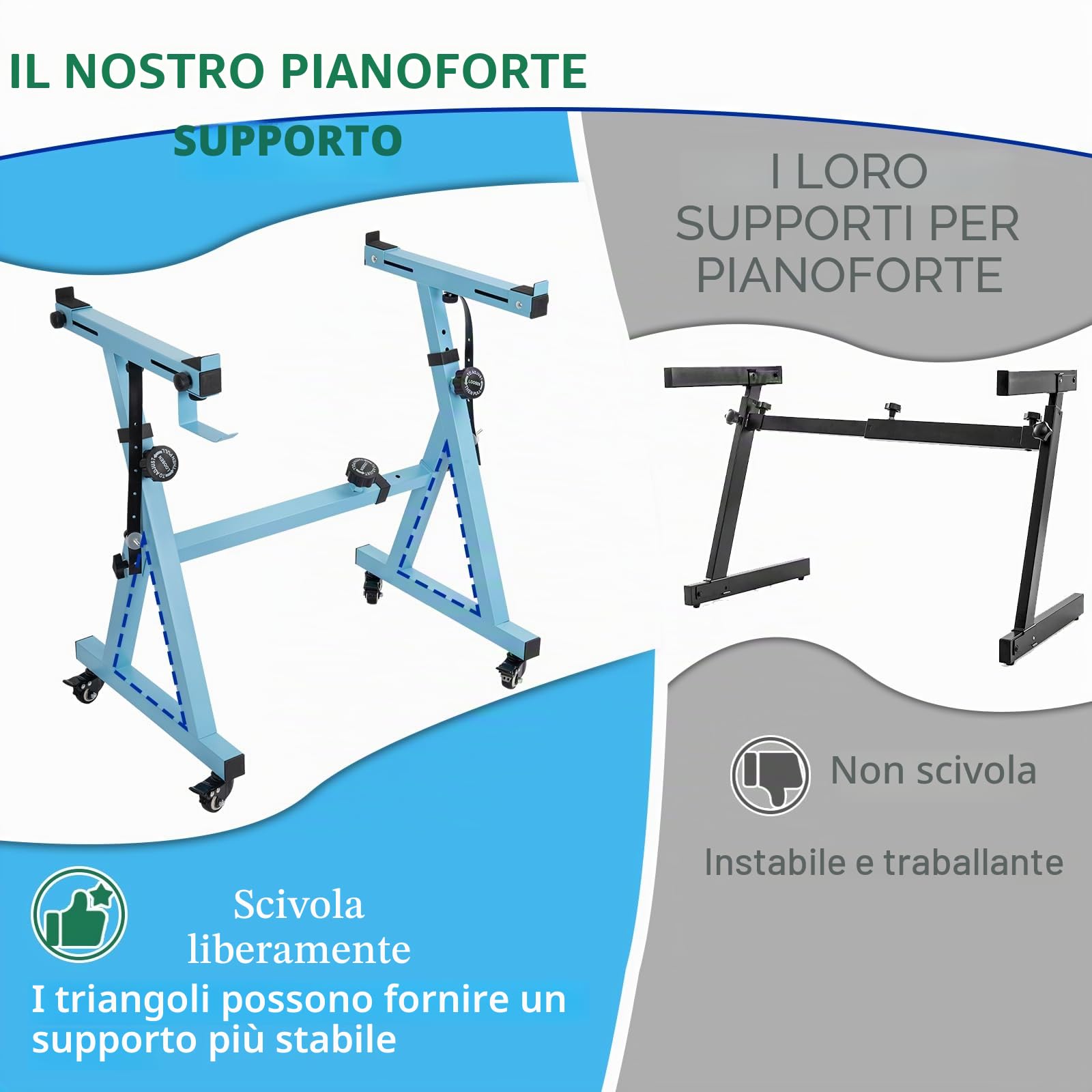 Supporto per Tastiera Pianoforte Regolabile in Altezza da 55 a 87CM, Supporto per Pianoforte a Forma di Z con 4 Ruote Girevoli, Adatto per Pianoforti con 54-88 Tasti, Capacità di Carico 160KG (Blu)