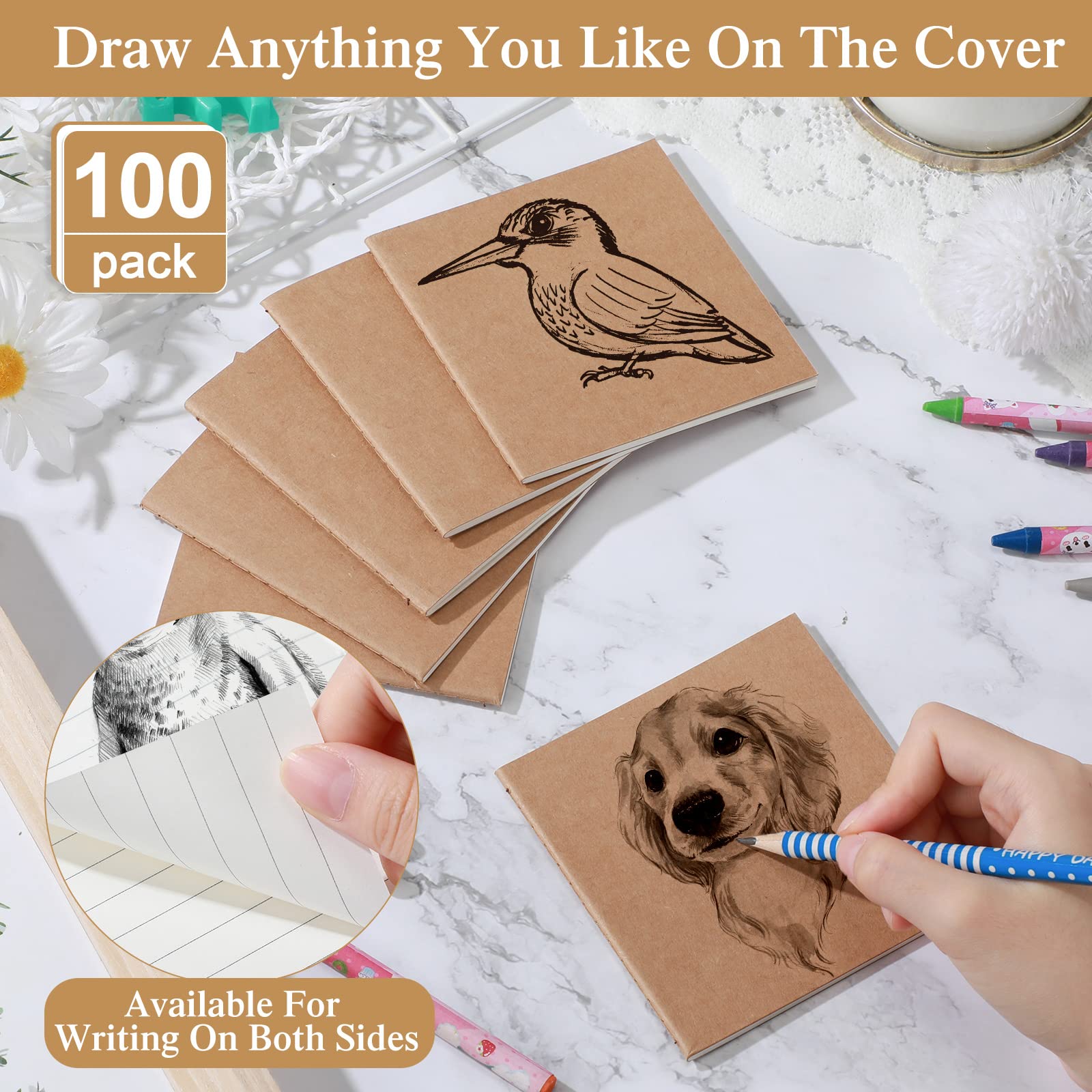 Juego de 100 mini cuadernos a granel pequeños de papel kraft con rayas en blanco, cuadernos de bolsillo para niños, cuaderno de bocetos para dibujo, suministros de oficina, cuadernos pequeños de 4 x 4