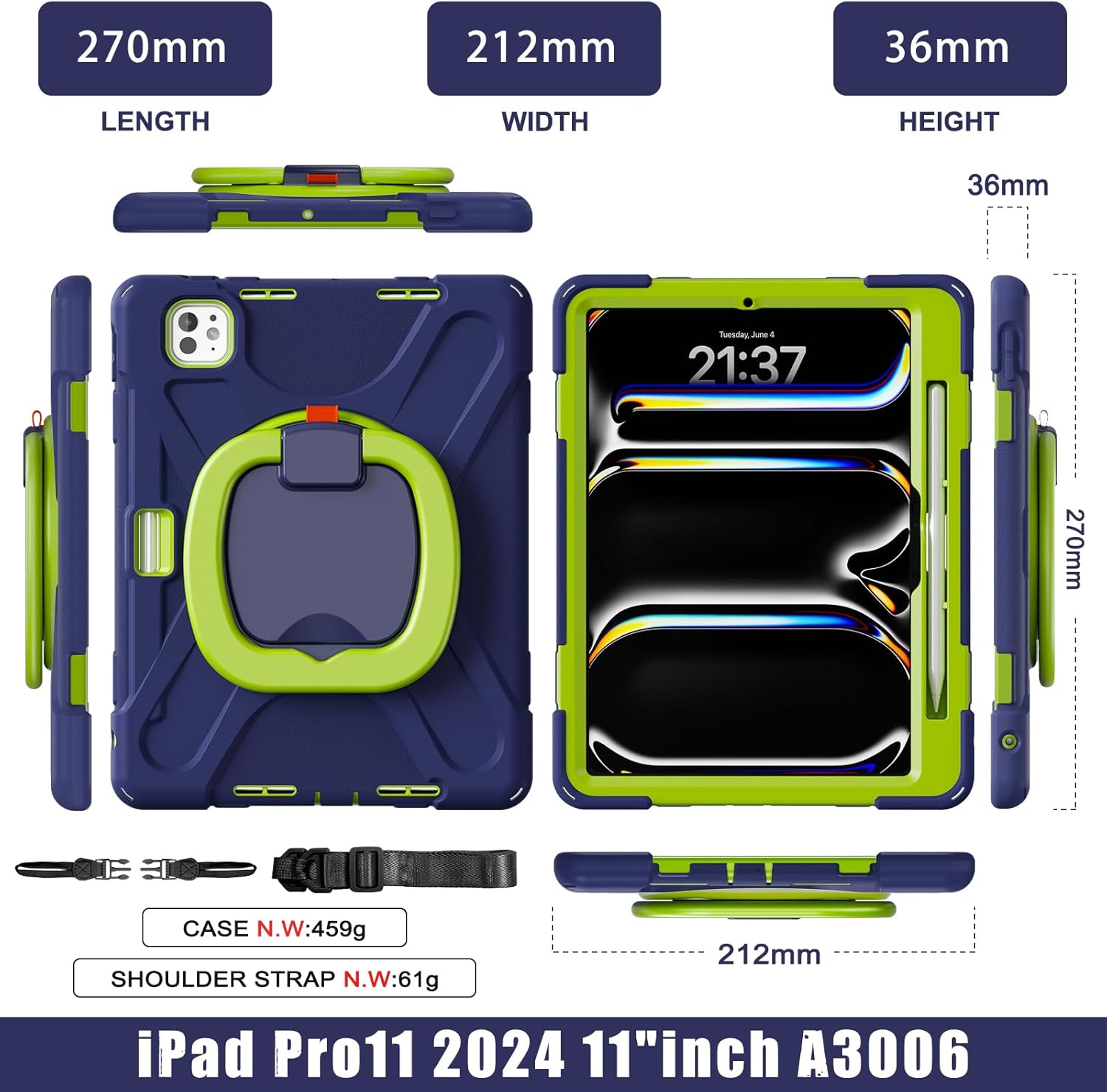 For iPad Pro 11" Case 2024, Heavy Duty Protection, Pencil Holder, 360° Rotatable Stand, Shockproof Silicone Hard PC Shell, Adjustable Shoulder Strap Rugged Cover for iPad Pro 11 (M4, A3006), Navy Blue