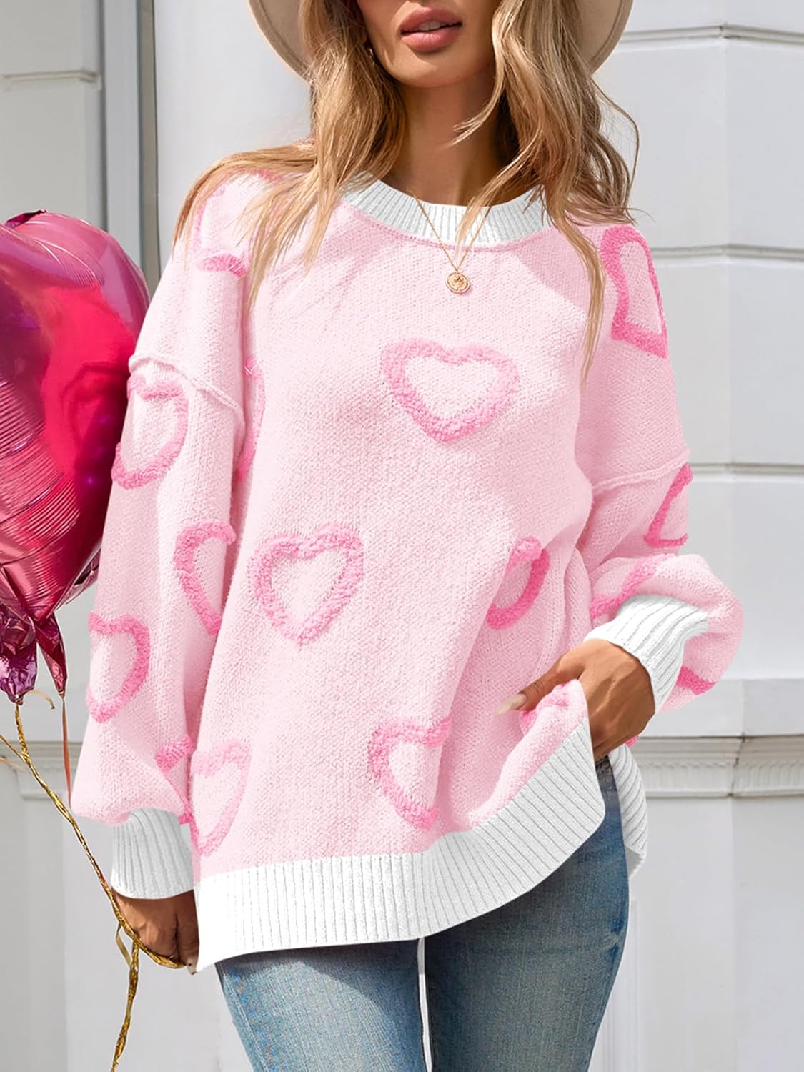 Saodimallsu Womens Heart Sweater Valentines Oversized Cute Winter Chunky Knit Crew Neck Side Slit Pullover Sweaters - Image 2