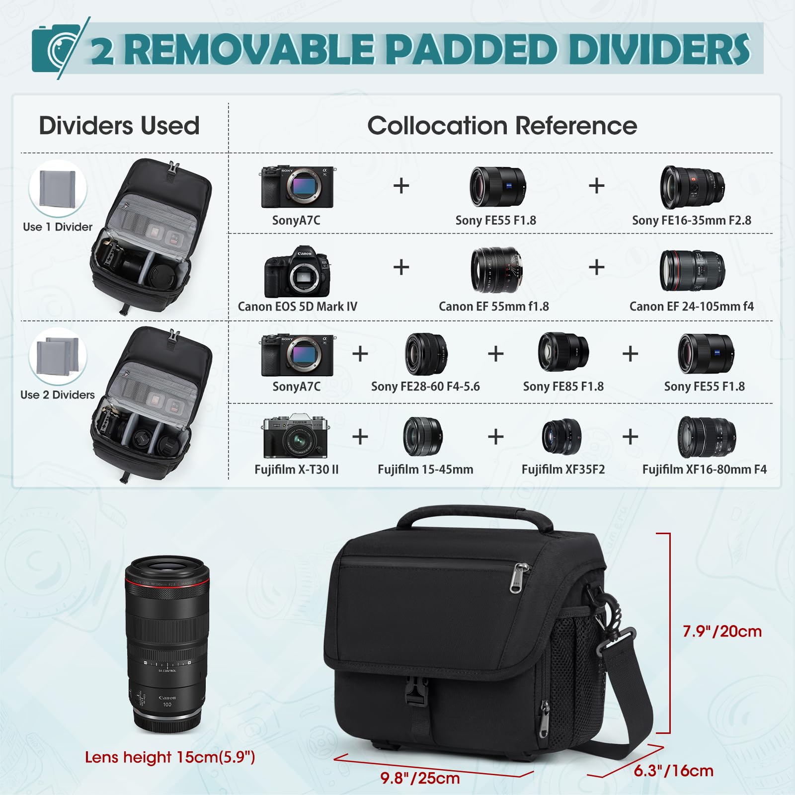 RAINSMORE Borsa Fotografica SLR DSLR Piccola Borsa Tracolla Macchina Fotografica Impermeabile Borse per Fotocamera Reflex con Tracolla Regolabile Nero
