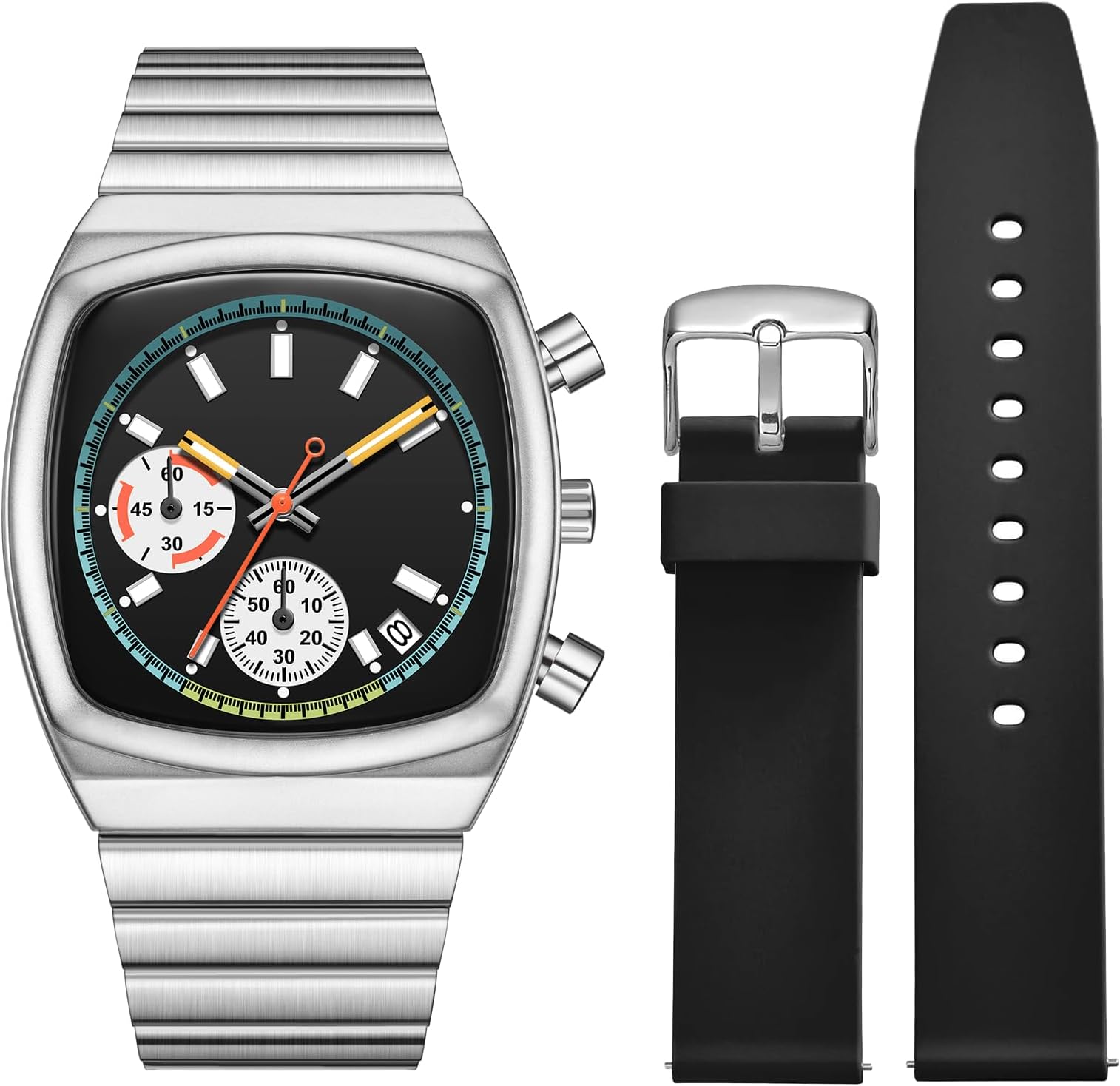 NasirWatch for Men Chronograph Waterproof Luminous Designer Mens Stainless Steel Strap Watches Business Sport Casual Dress Watch with Calendar Elegant Gifts for Men(Silicone Strap Included)