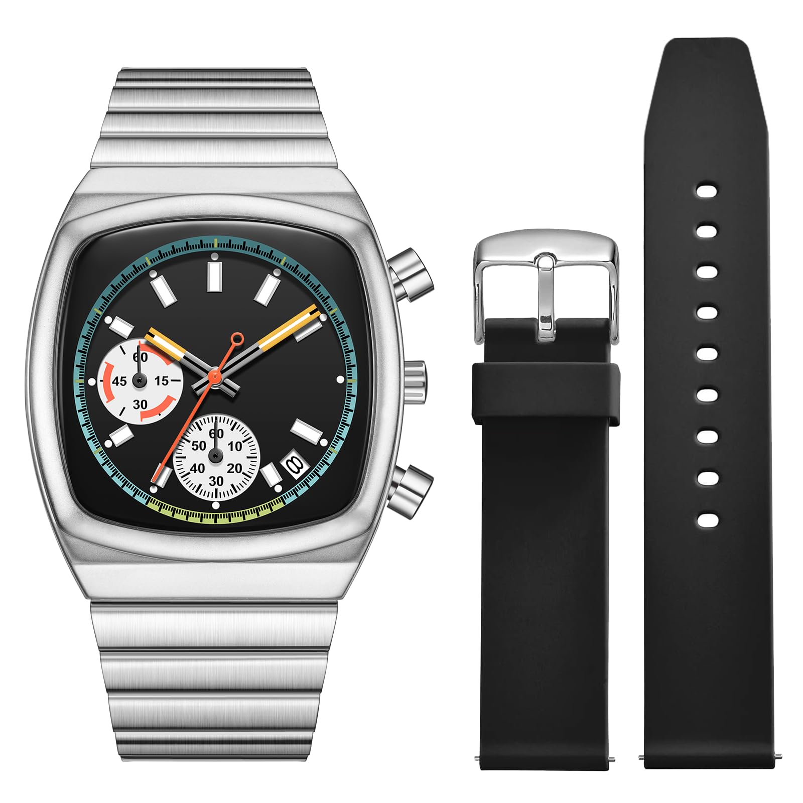 NasirWatch for Men Chronograph Waterproof Luminous Designer Mens Stainless Steel Strap Watches Business Sport Casual Dress Watch with Calendar Elegant Gifts for Men(Silicone Strap Included)