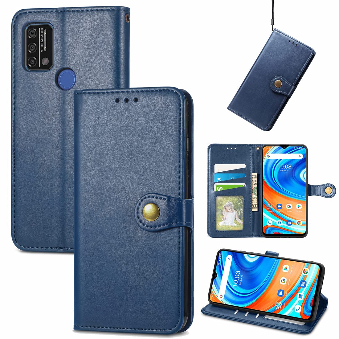 Protective Cover for UMIDIGI A9 (6.53 Inch) PU Leather Flip Case with Built Stand and Round Magnetic Wallet Phone Shell Holster Blue
