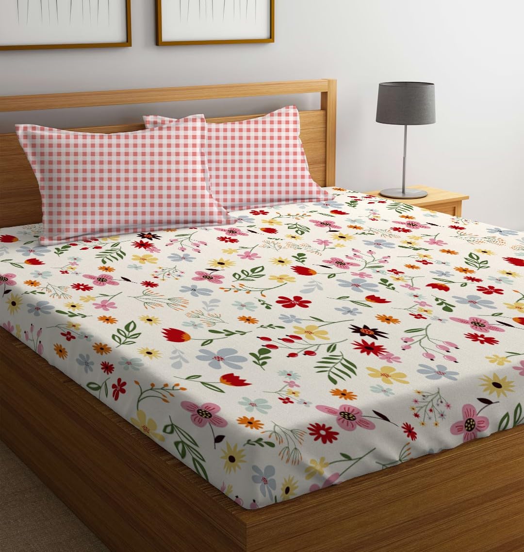 LOOMLYFE 300 TC Microfiber XXL Soft Cotton Super King Size Bedsheet for Double Bed, King Size 108 Inches X 108 Inches, 9 Feet, 275 X 275 cm with 2 Large Size Pillow Covers - RedPinkFlowers