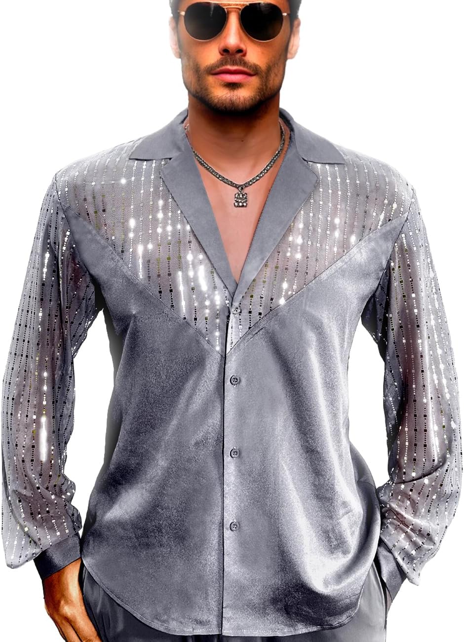 Mens Mesh Sequins See Through 70s Disco Long Sleeve Button Down Shirts