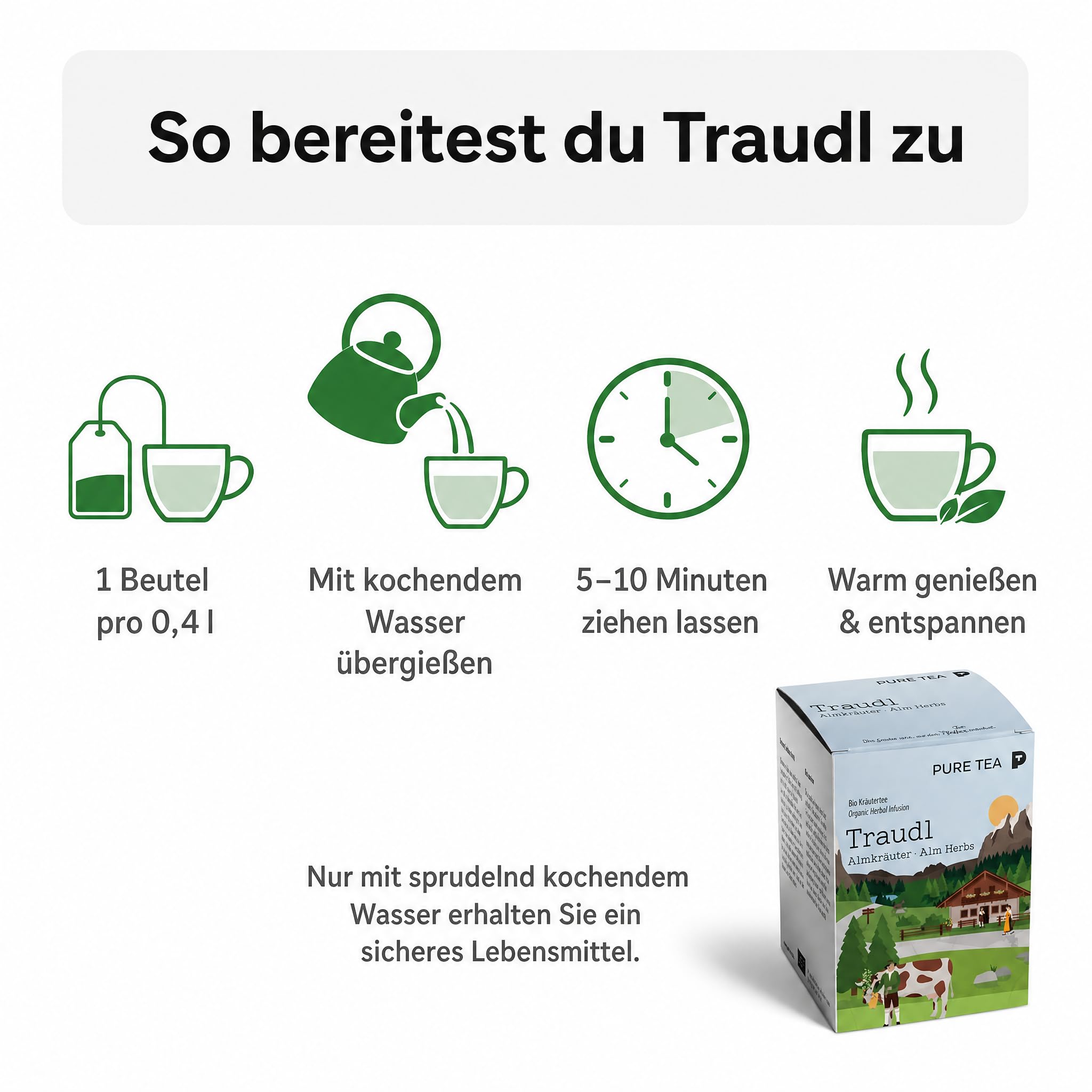 6 x PURE TEA Traudl Premium Kräutertee Almkräuter, koffeinfreier Alpenkräuter Tee als Kräutermischung mit Spitzwegerich, Apfelminze & Melisse, einzeln verpackte Kissenbeutel in Dispenserbox
