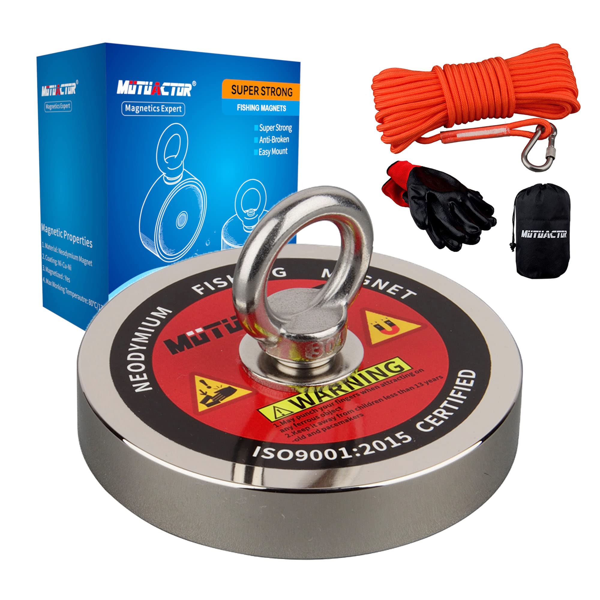 MUTUACTOR Magnete da pesca al neodimio Pull-Force da 510kg, potente magnete di richiamo N52 con corda resistente 15 m,guanti e borsa per il trasporto,magnete magnetico robusto per la caccia al tesoro
