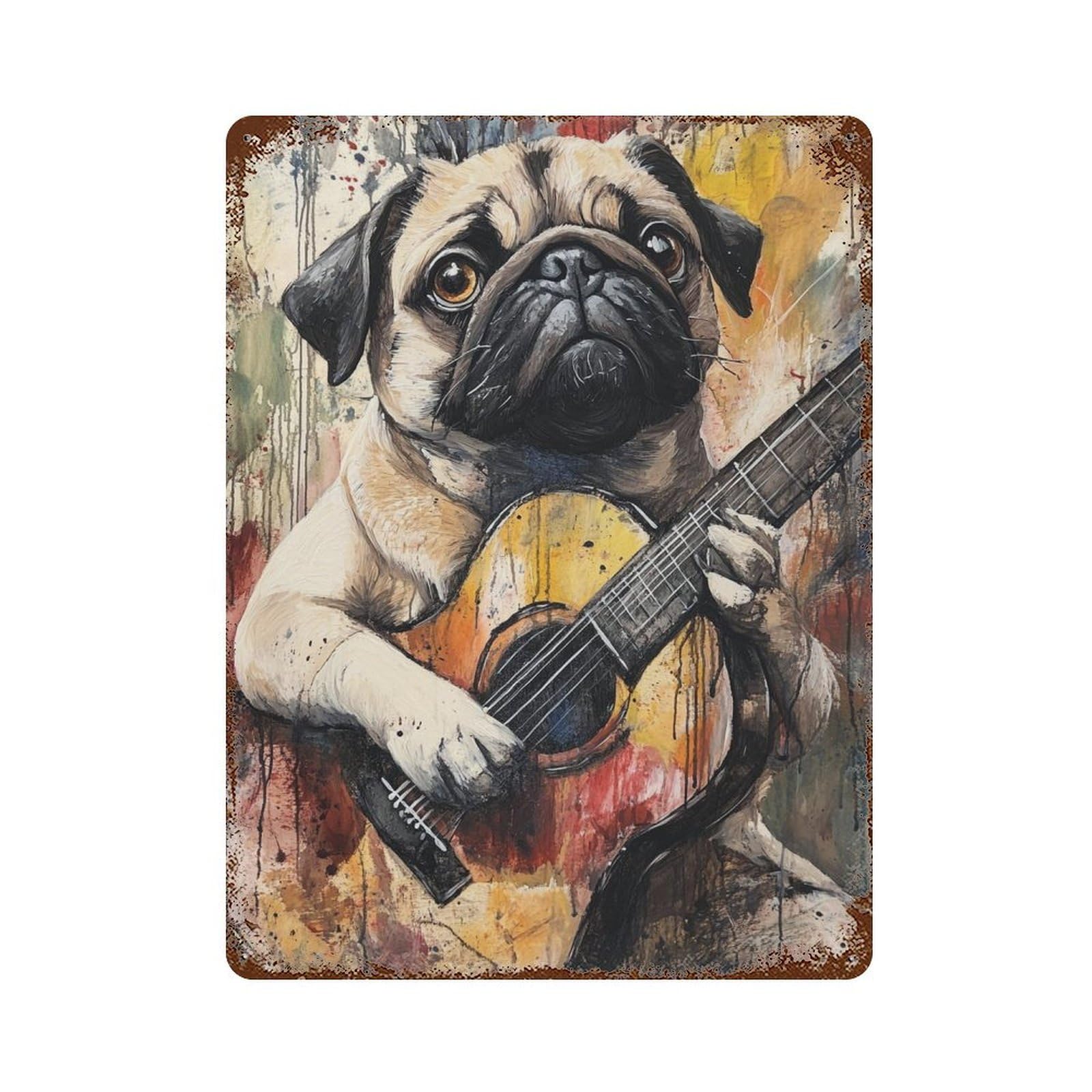 Garage Style Pug Playing Guitar Painting-2 Aged Metal Wall Plaque 15.7"x11.8", Novelty Wall Decor for Bar And Workshop