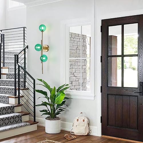 Miniatura 8 de BOKT Moderno aplique de pared con globo de 3 luces para baño, lámpara de pared contemporánea de tira larga dorada, minimalista, espejo de cristal