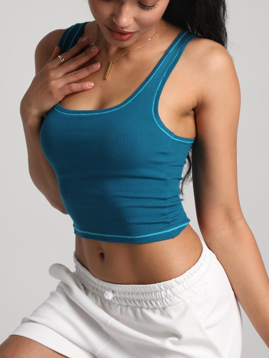 Danysu Women Rib Tank Top Padded Workout Top Square Neck Crop Tank Fitted Basic Cami Tops - Image 3