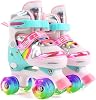 Ceestyle Rainbow Adjustable Quad Roller Skates Kids, All Light Up Wheels of Skates Shine, Illuminating Light Up Wheels, With Built In Adjusters Kids Roller Boots for Boys and Girls, Pink