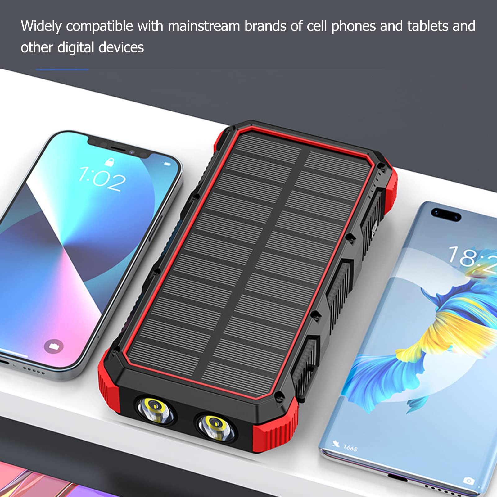 Wakects Banque d'énergie Solaire, Chargeur Solaire Portable ABS 36800 MAh 5 V 3 A avec 3 Sorties USB, Charge sans Fil et Double Lumière LED pour Camping, Voyage, Utilisation en Extérieur (Rouge)