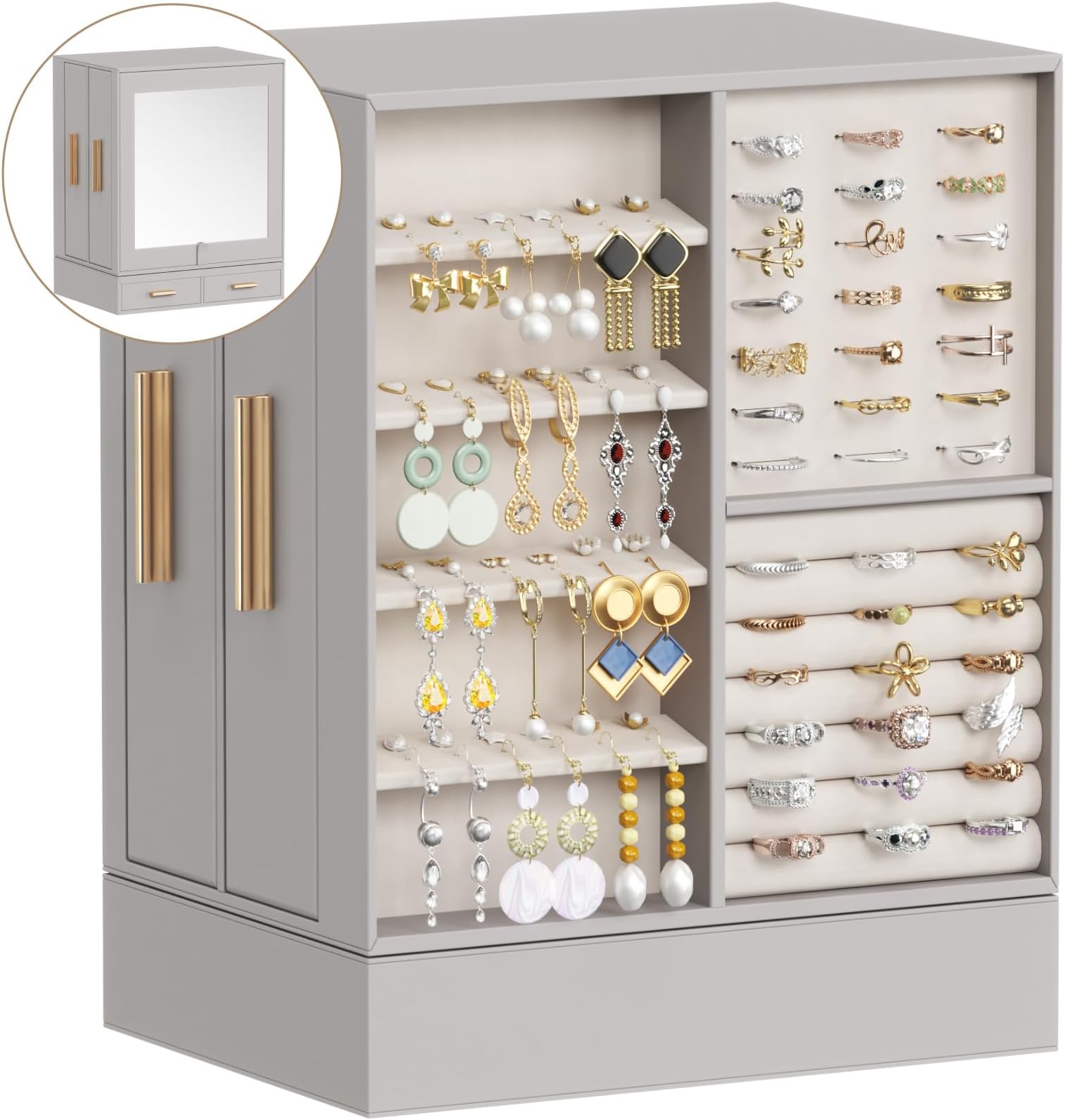 Lifewit Jewelry Box 360° Rotating, Large Adjustable Angle Mirror, Jewelry Storage Case with 6 Drawers, Open Design, Jewelry Organizer for Ring Necklace Earring Bracelet, Great Gift, Light Gray