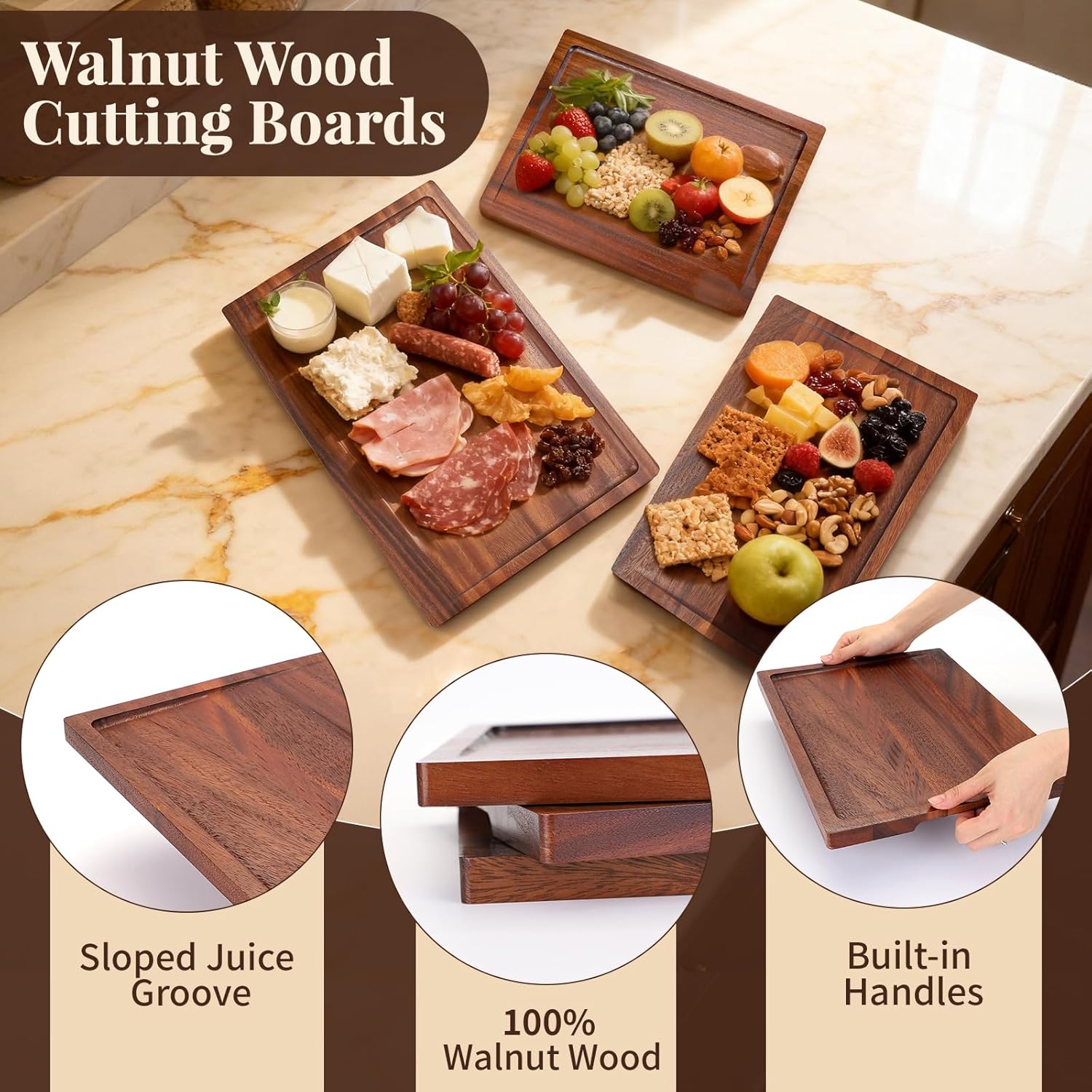Walnut Wood Cutting Boards for Kitchen 3 Packs, Solid Wooden Cutting Board Set with Holder, Large-Small Chopping Boards with Deep Juice Grooves, Non Toxic 100% Natural, Perfect House Warming Gifts