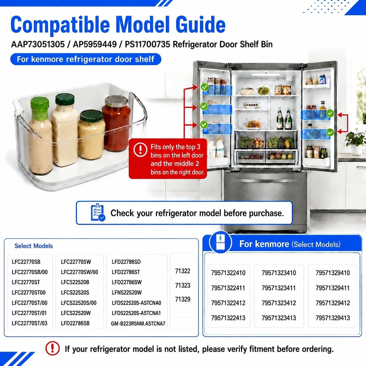 AAP73051305, AP5959449 Door Shelf Bin Replacement, Compatible with kenmore Refrigerator Door Shelf, Fits LFCS22520S, LFC22770ST, LFC22770SW, LFC22770SB, Replaces EAP11700735, PS11700735