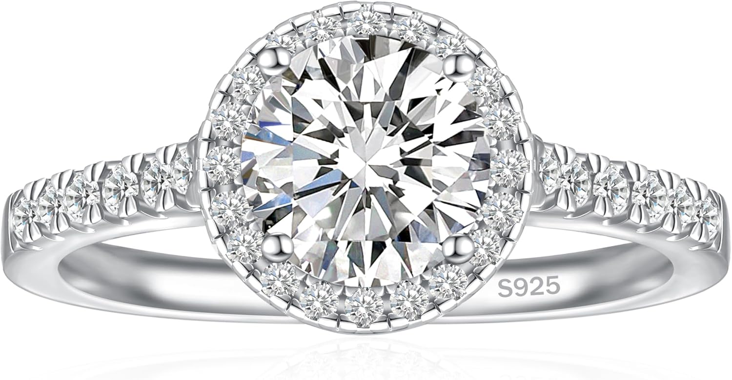 1.5CT 925 Sterling Silver Engagement Rings for Women Round Cut Halo Cubic Zirconia Wedding Rings for Women Promise Rings for Her Size 4-12.5