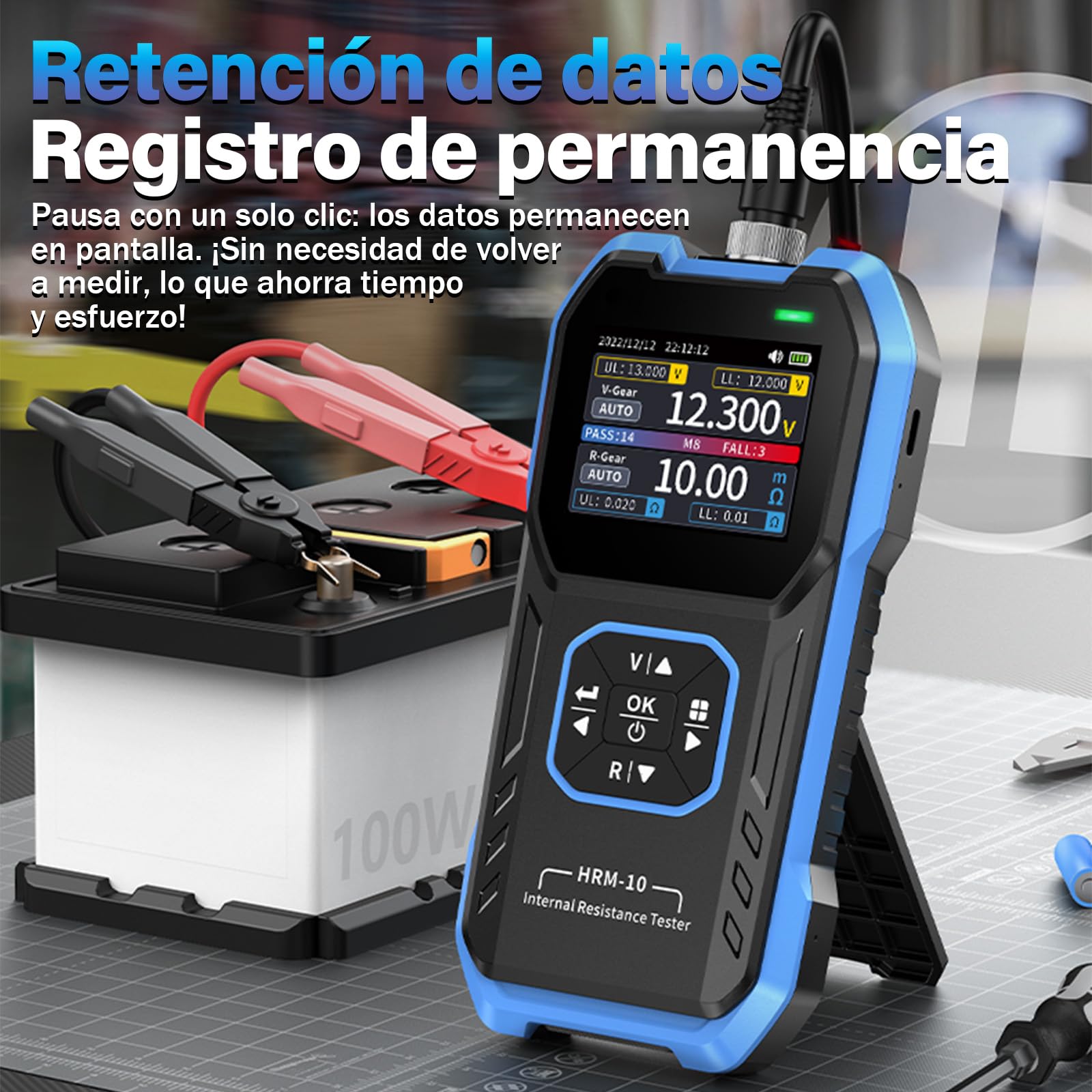 HRM-10 Ccomprobador de baterias,0mΩ-200Ω 100 V Comprobador de pilas,Kelvin de 4 hilos,1000 mAh,Guardado automático/Clasificación/Comparación/Apagado automático,Comprobador de resistencia interna