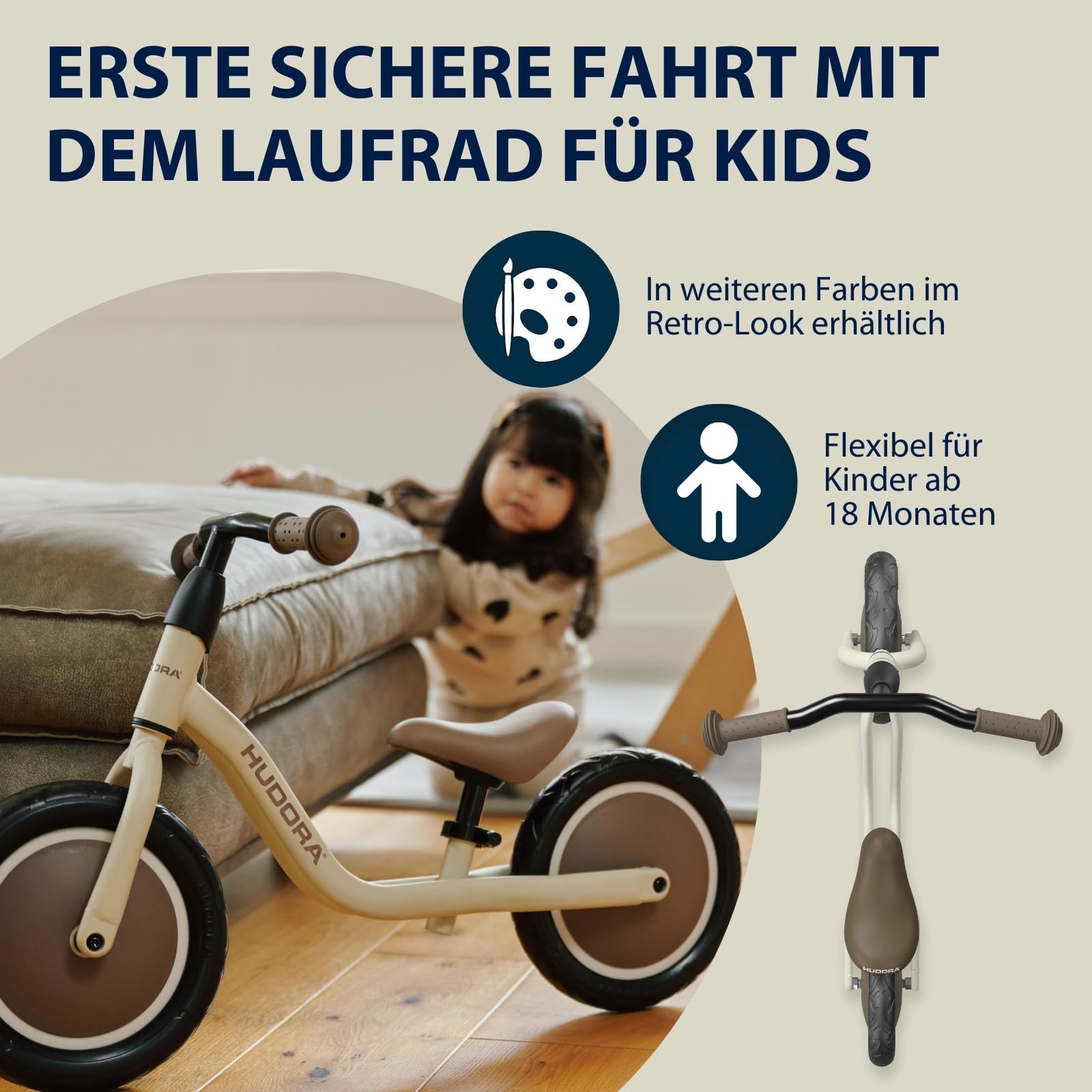 HUDORA Laufrad Cruisy 10 Zoll - Hochwertiges Lernrad ab 15 Monaten - Leichtes Lauflernrad mit Verstellbarer Sattelhöhe - Rutschfahrzeug für Kinder von 78-100 cm - Robustes Kinderfahrzeug - Mocha