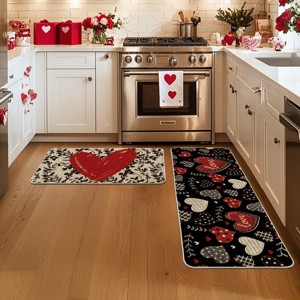Artoid Mode Classic Button Heart Valentines Kitchen Mats Set of 2, Low-Profile Home Decor Kitchen Rugs for Floor - 17x29 and 17x47 Inch