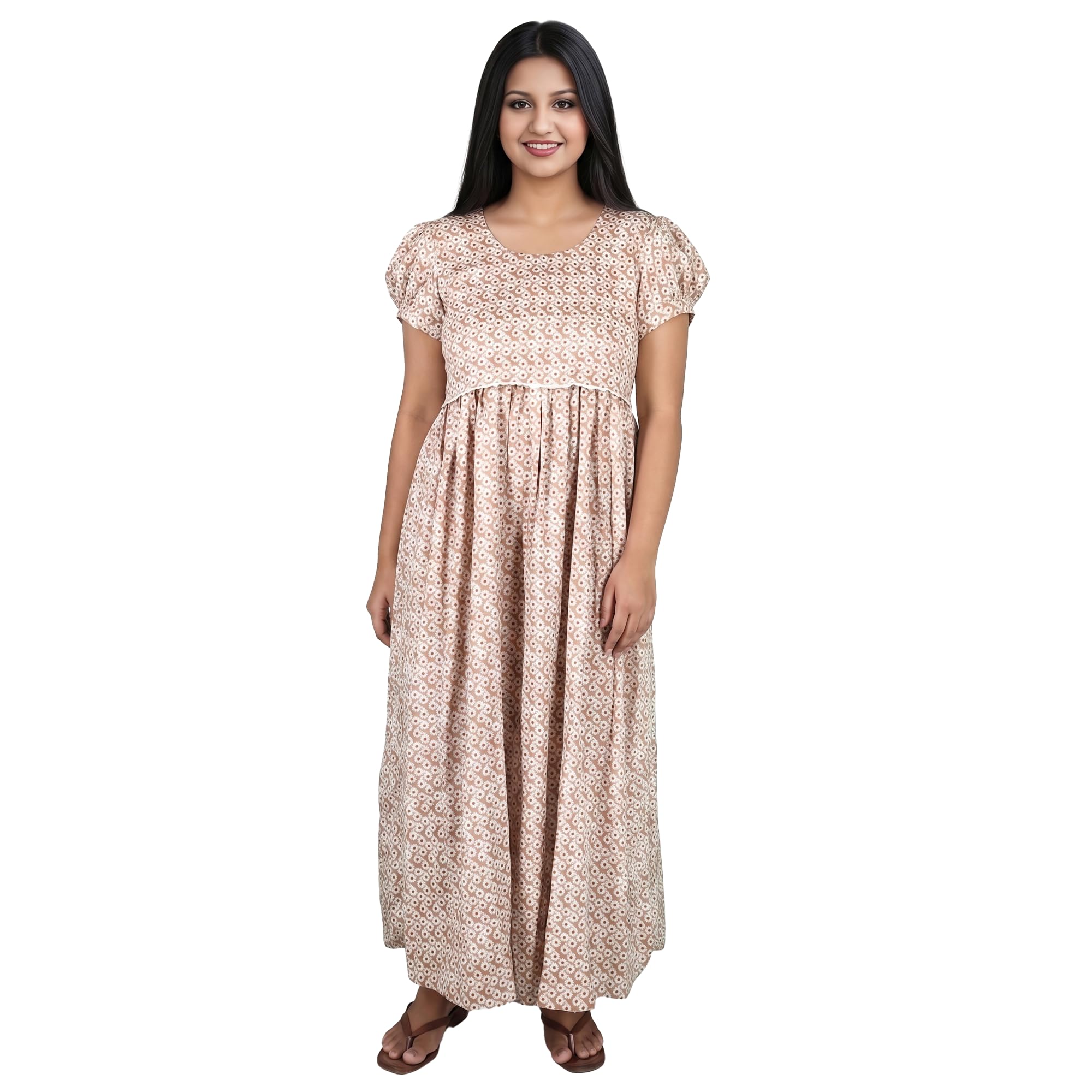 Rayon Feeding Frock for Women, Beige Printed Maxi Dress, Puff Sleeves, Sizes XS to 4XL-image-44