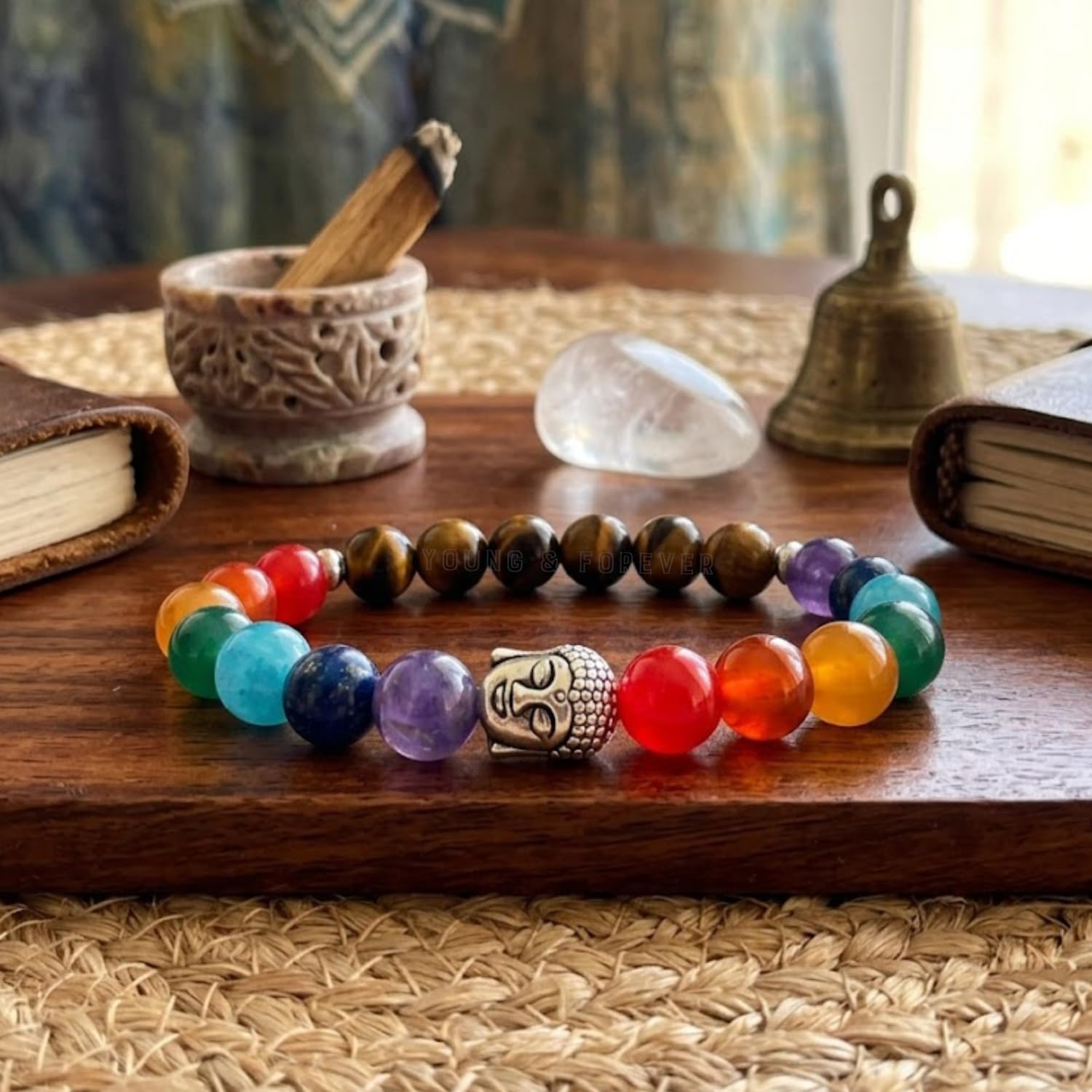 Young & Forever Natural 7 Chakra Healing Bracelet with Tiger Eye Beads & Silver-Tone Buddha Charm – Reiki Energy Balancing & Grounding Yoga Jewelry for Men & Women – Adjustable Elastic Stone Wristband for Anxiety Relief & Positive Energy 2
