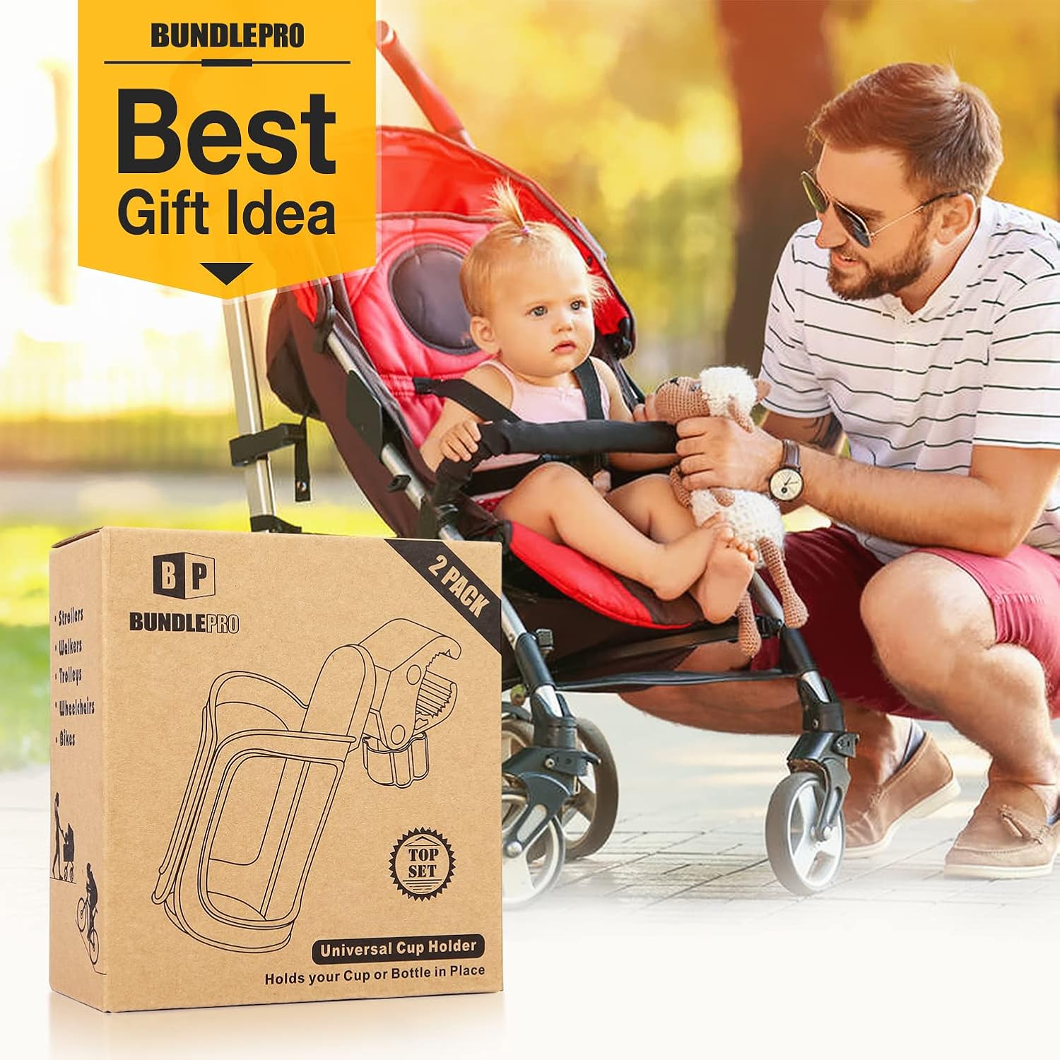 Pram Cup Holder, Universal Stroller Cup Holders, 2 Pack | Adjustable, Pushchair Bottle Organizer, For Bikes, Trolleys, Walkers and Wheelchairs