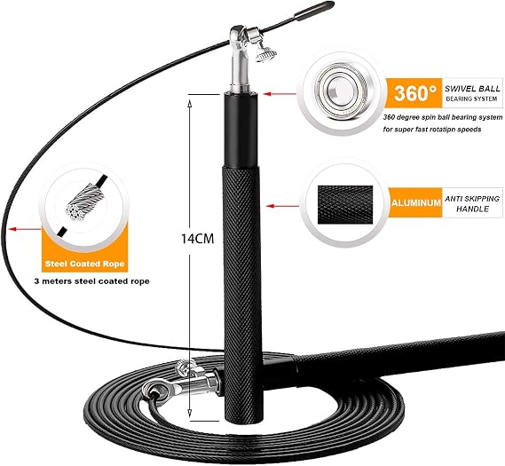 Speed Jump Rope - 360 Swivel Ball Bearing - Adjustable steel coated rope-Aluminum Anti Skipping Handle -Fitness Training Boxing Sports Exercises -Suitable for Kids and Adults