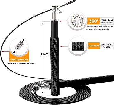 Speed Jump Rope - 360 Swivel Ball Bearing - Adjustable steel coated rope-Aluminum Anti Skipping Handle -Fitness Training Boxing Sports Exercises -Suitable for Kids and Adults