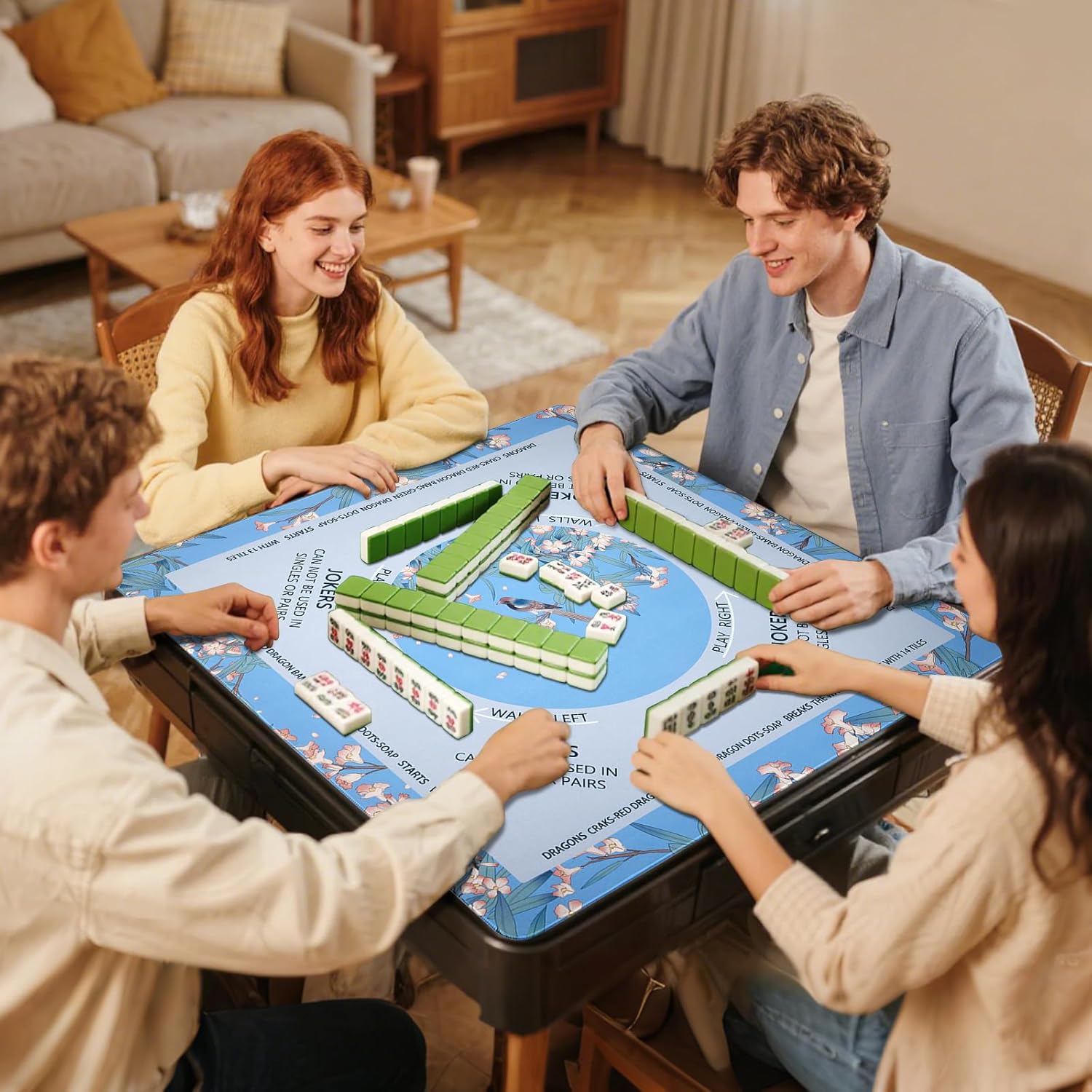 DEVPNR Mahjong Mat for Table with Rules, Noise-Reducing 32.6"x32.6" Mahjong Table Cover, Non-Slip Table Cloth for American Mahjong, Poker, Card, Board & Tile Games, Easy Storage with Travel Bag (Blue)